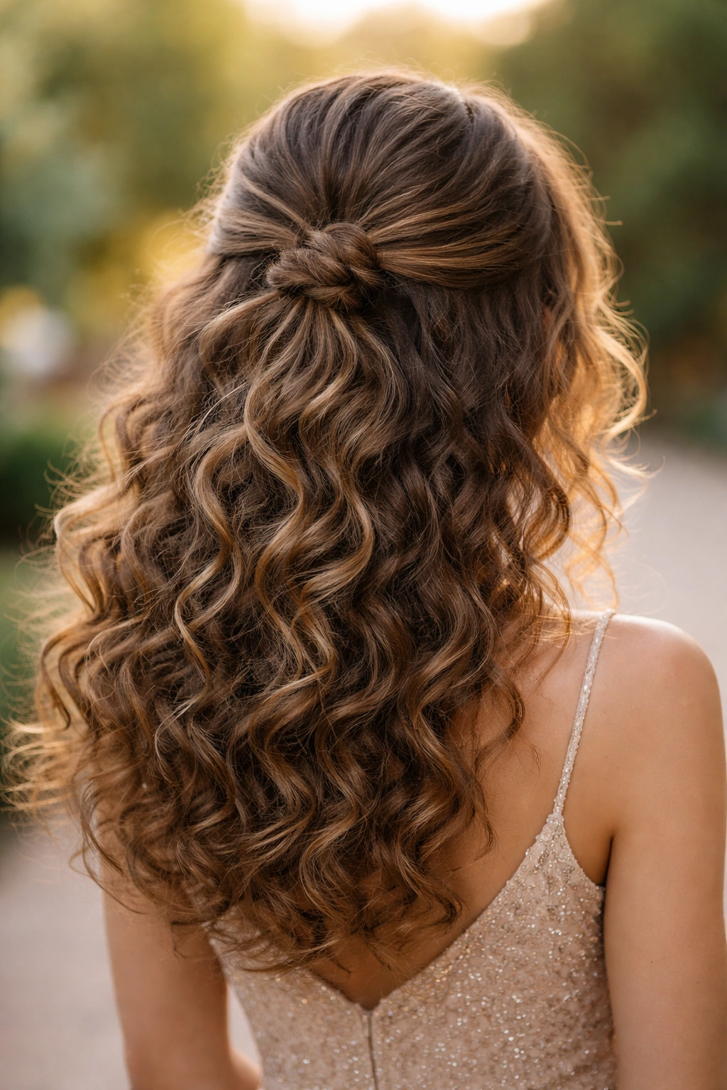 Low half-up knot with curling ends around the base