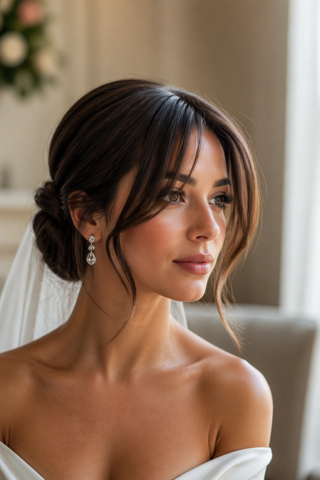 Portrait of bride with low half-up knot and face-framing bangs