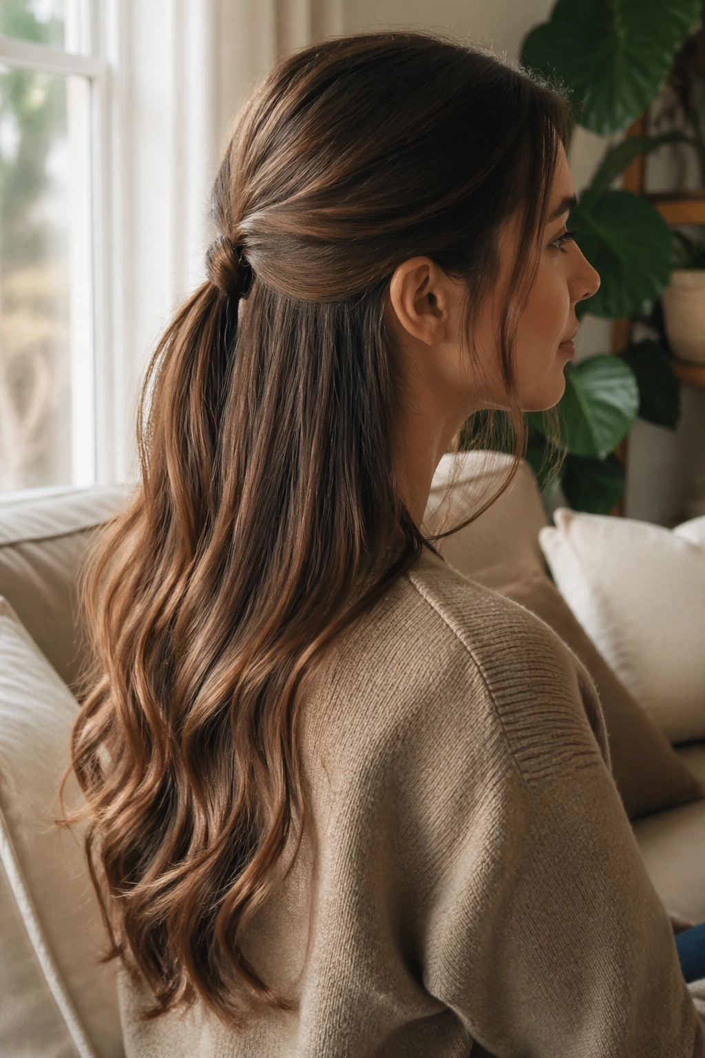 Low half-up ponytail, side profile view.