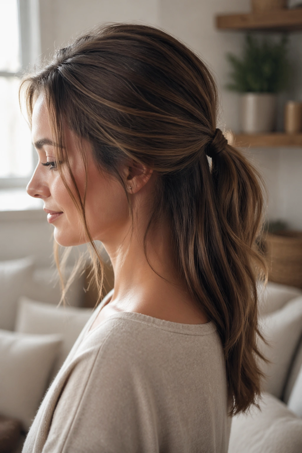Close-up of a real woman with a low half-up ponytail and soft lift at the crown