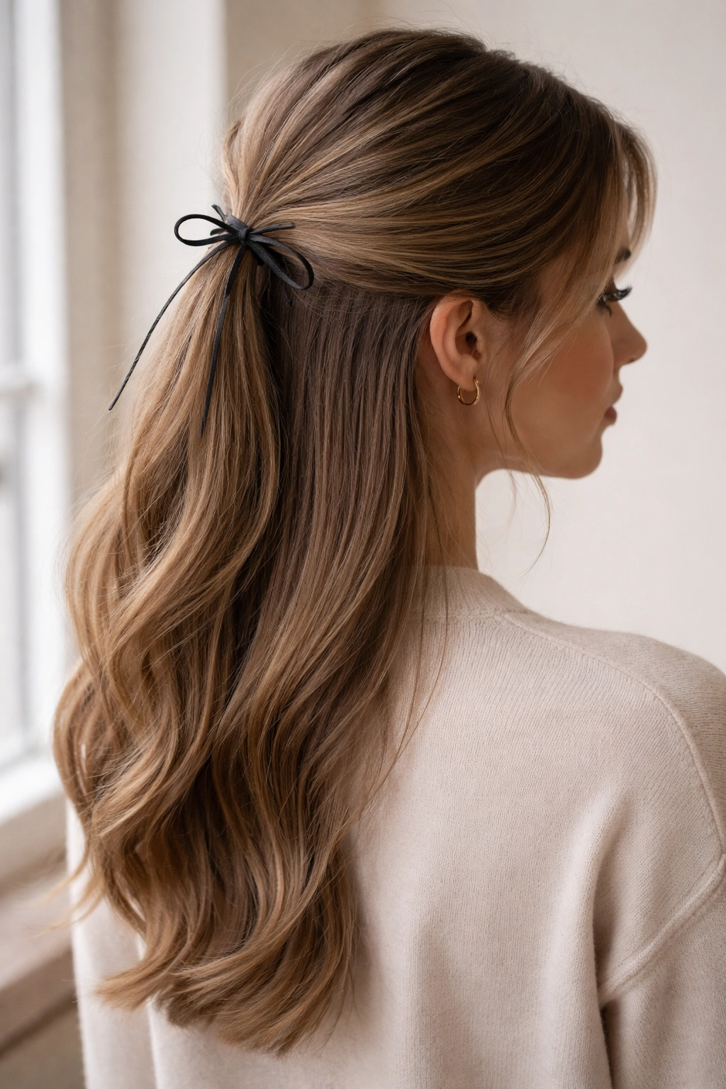 Low half-up ponytail with a thin ribbon, soft movement at hairline.