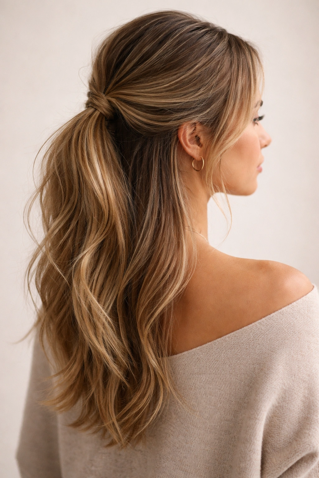 Close-up of a low half up ponytail with undone ends and relaxed top section