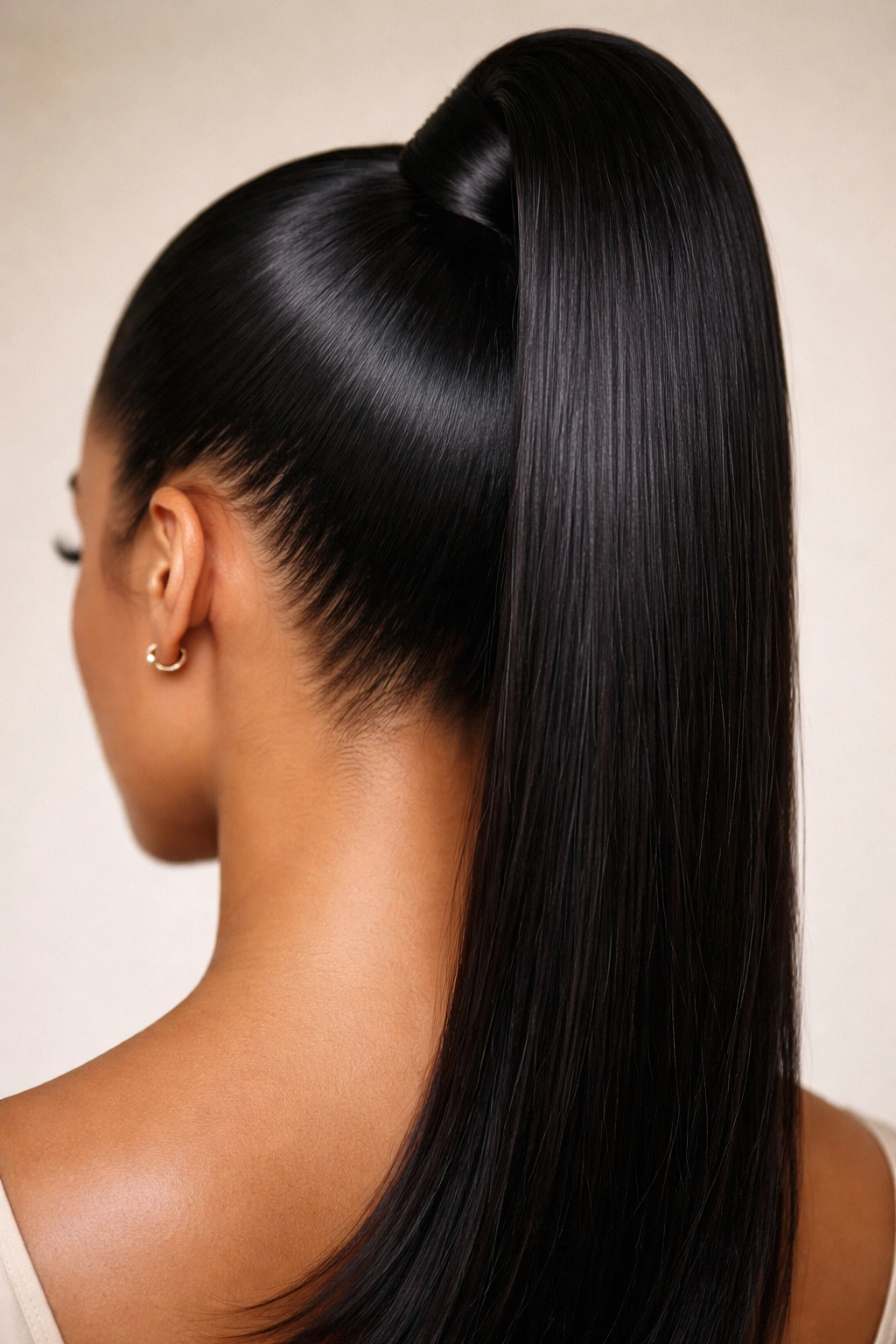 Back view of a sleek low-to-high pony showing seamless wrap at the nape