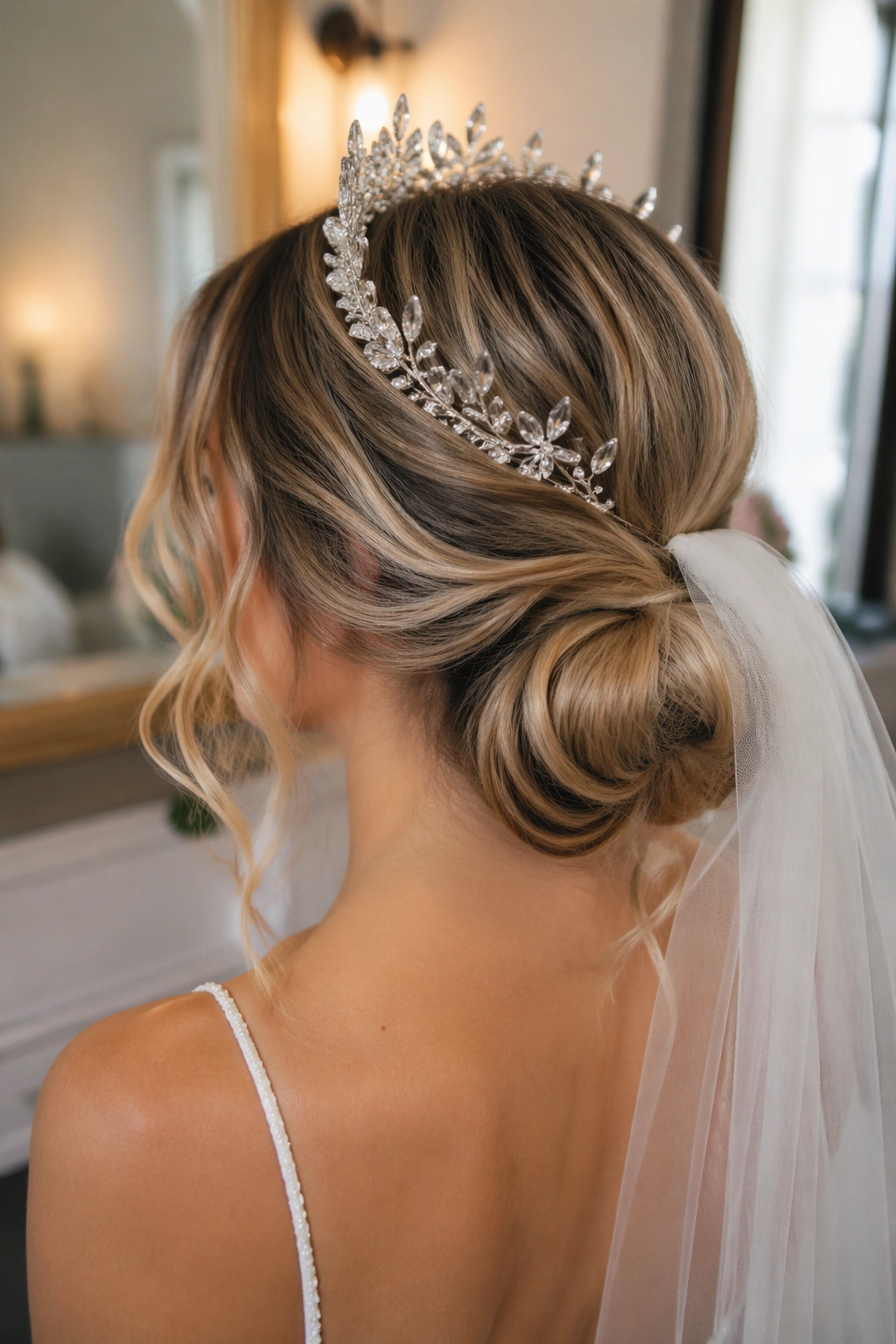 Real woman with a low knot and veil-friendly crown in an elegant dressing room