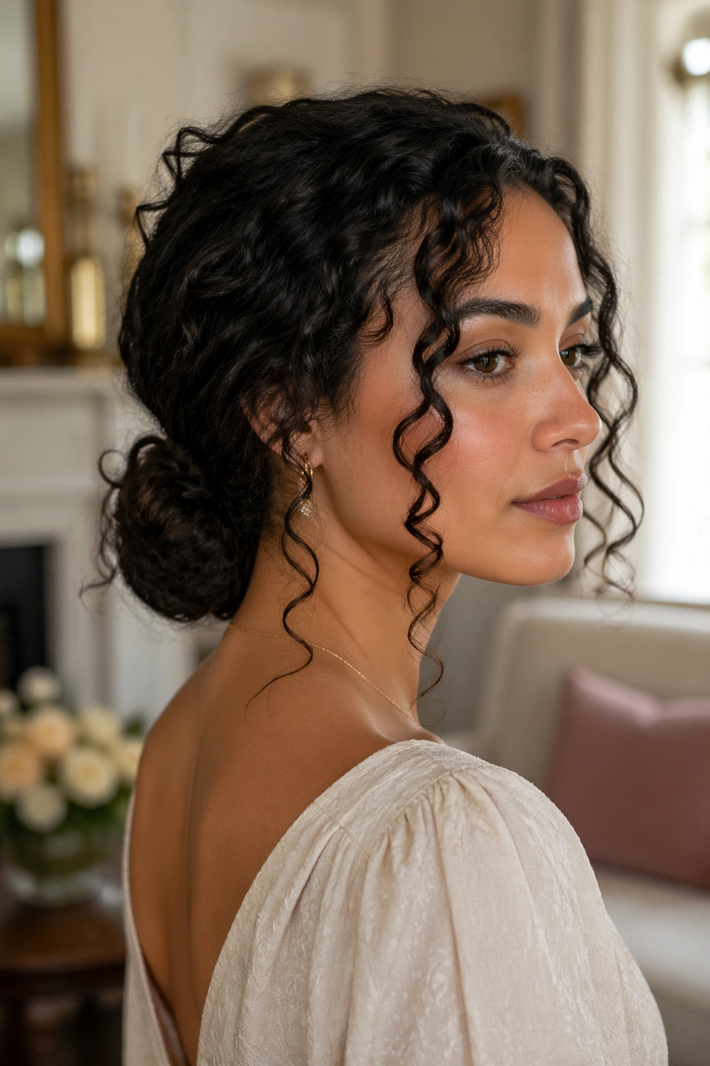 Close-up portrait of a real person with a low knot and face-framing curls