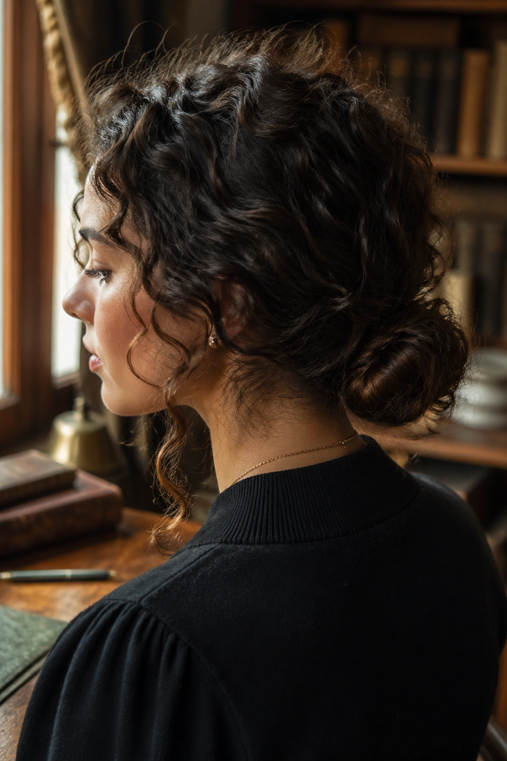 Close-up portrait of a woman with a twisted low knot and soft crown lift in a study.