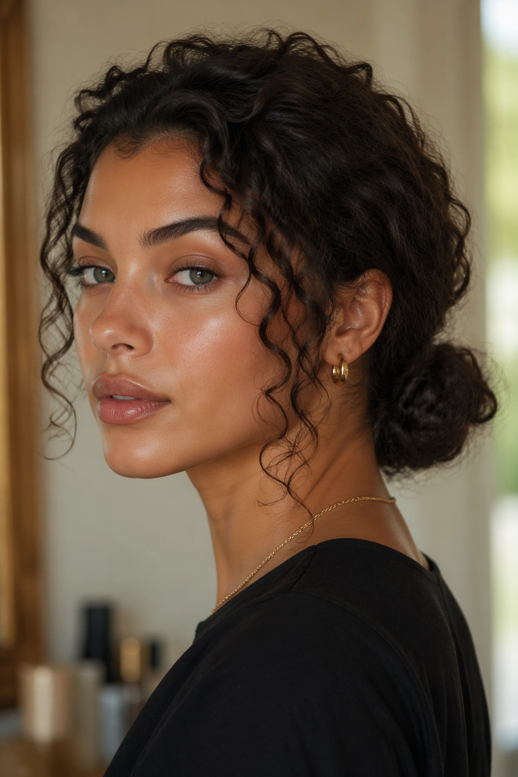 Close-up of a real person with a low knot and face-framing pieces accentuating the face