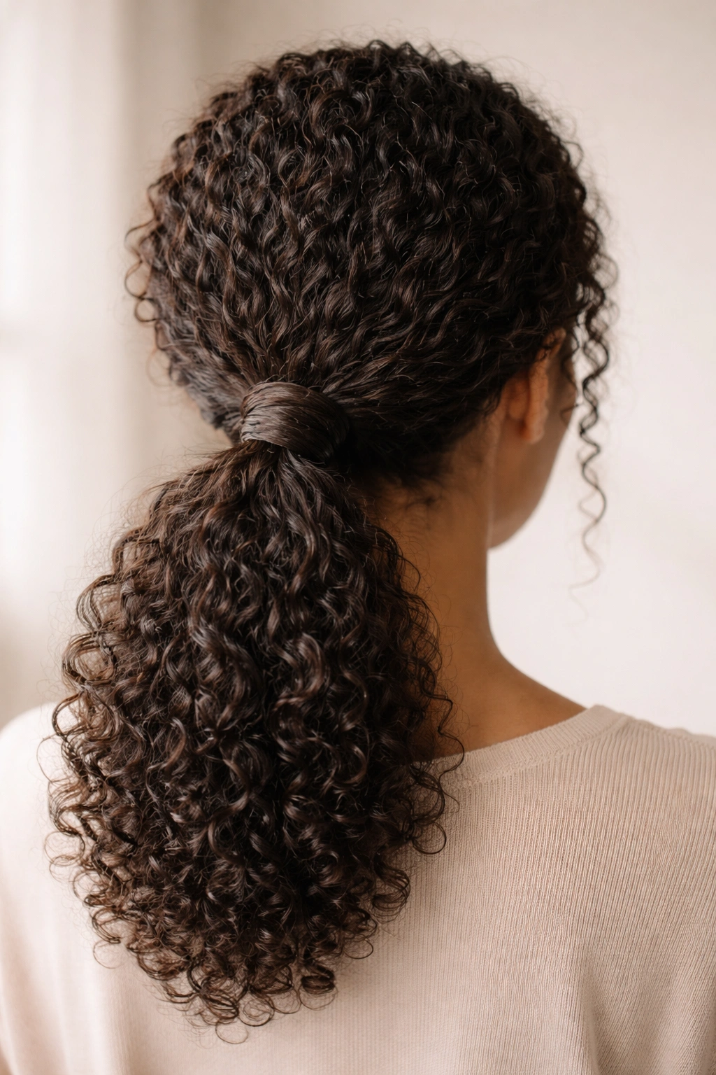 Low nape knot created by twisting ponytail sections in 3B hair