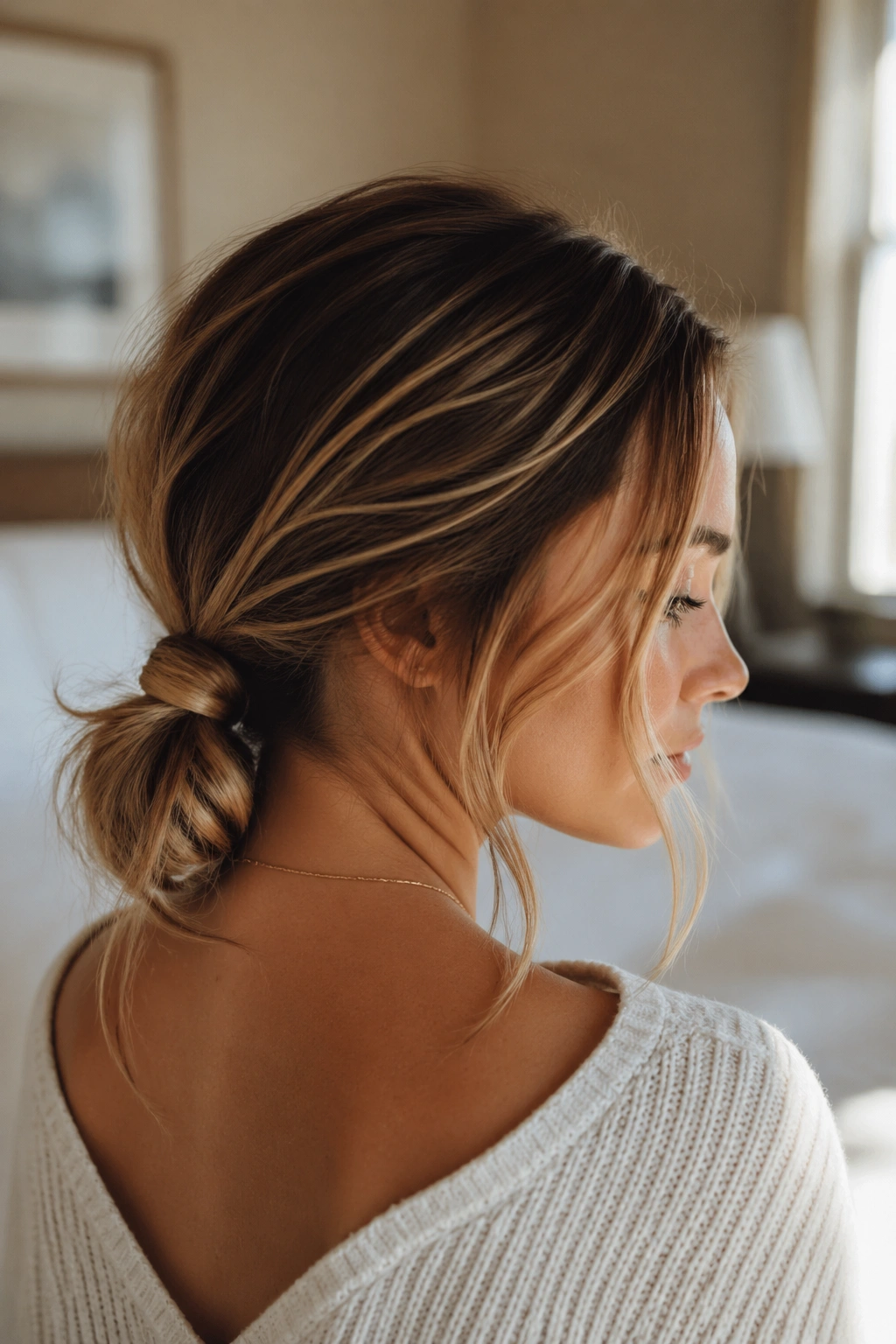 Close-up of a real person with a low knot ponytail at the nape in warm natural light