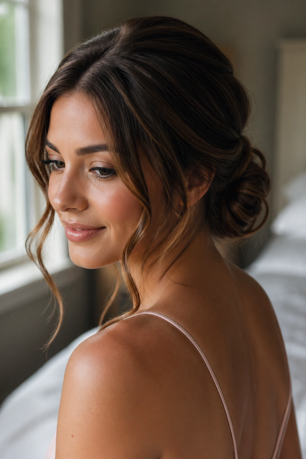 Close-up of Low Knot with Soft Tendrils on a real woman