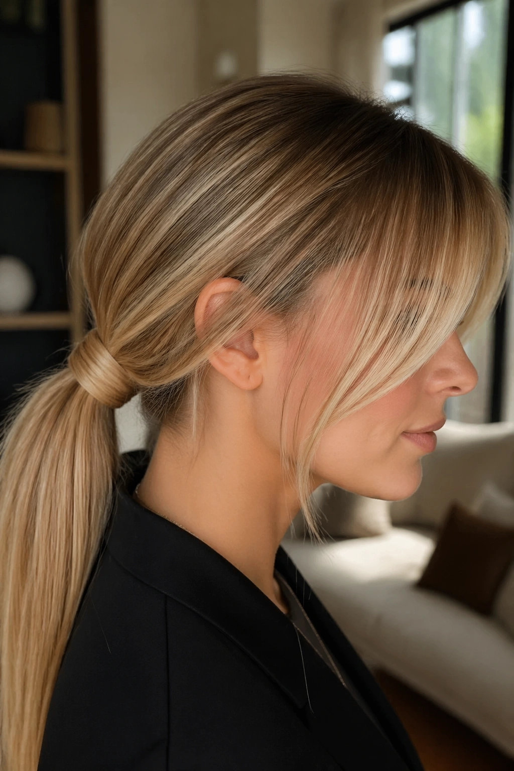 Real woman with low knot-wrapped ponytail and long layered bangs