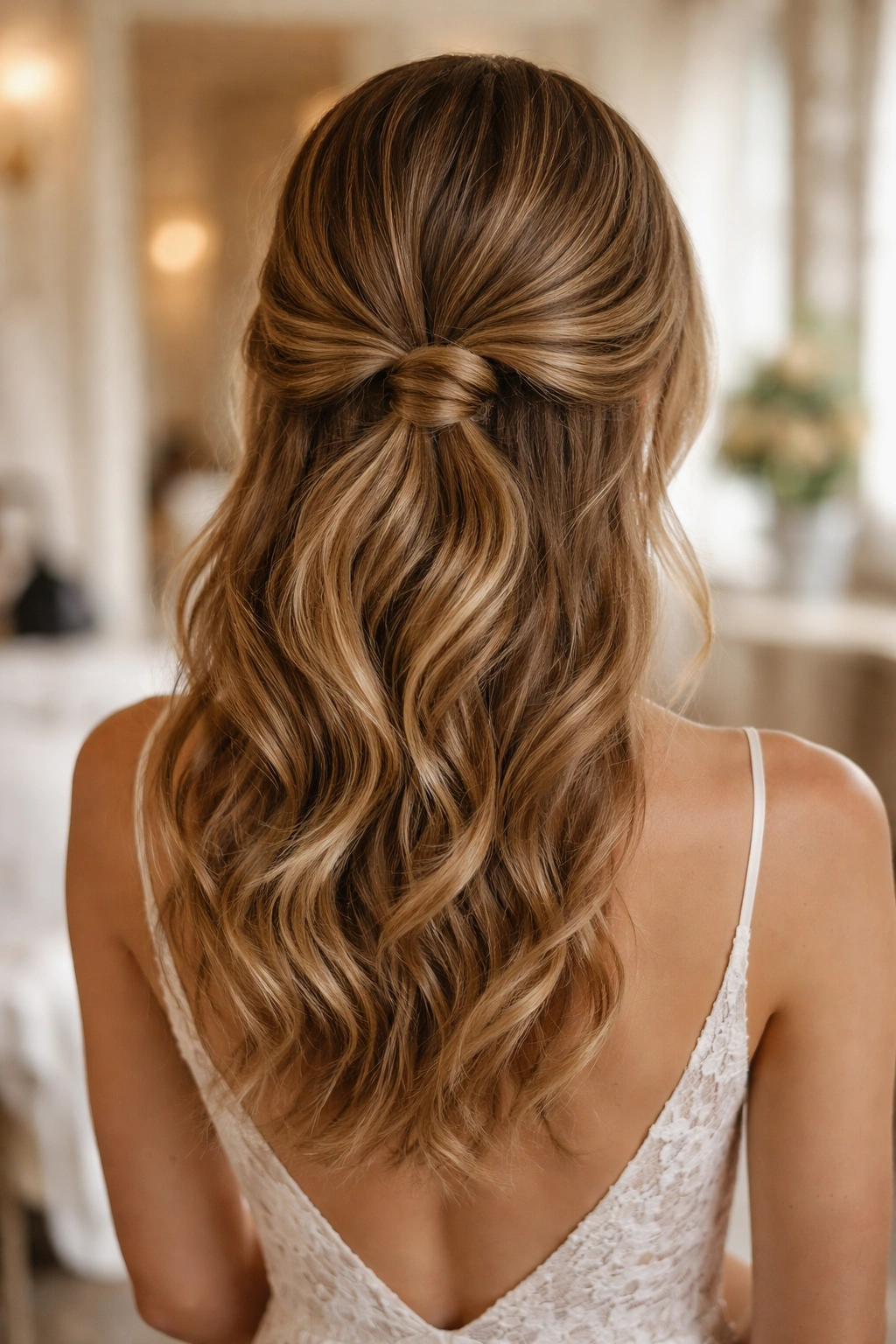 Close-up of a real woman with a low knotted half-up and flowing waves