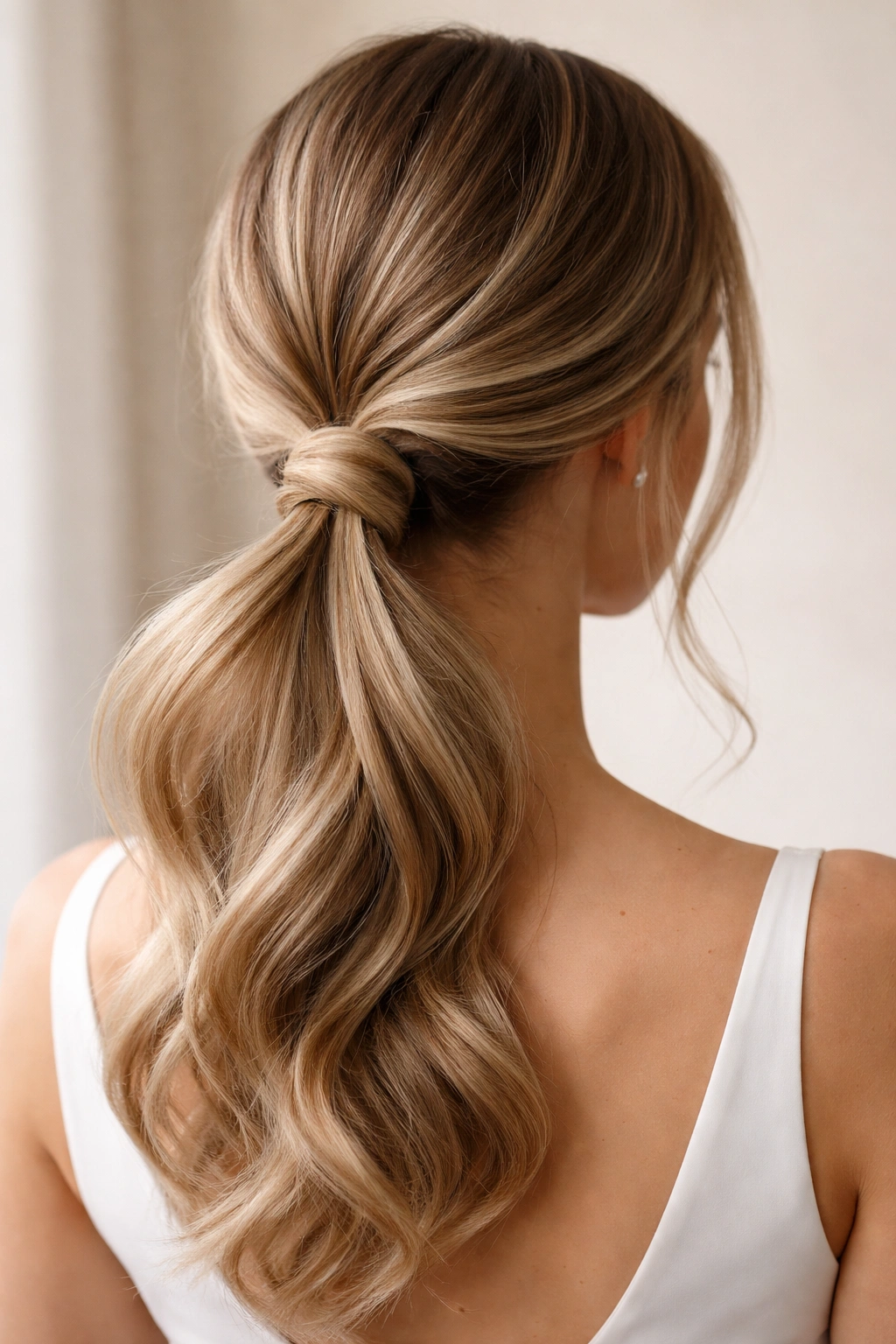 Low knotted ponytail with a smooth knot at the base
