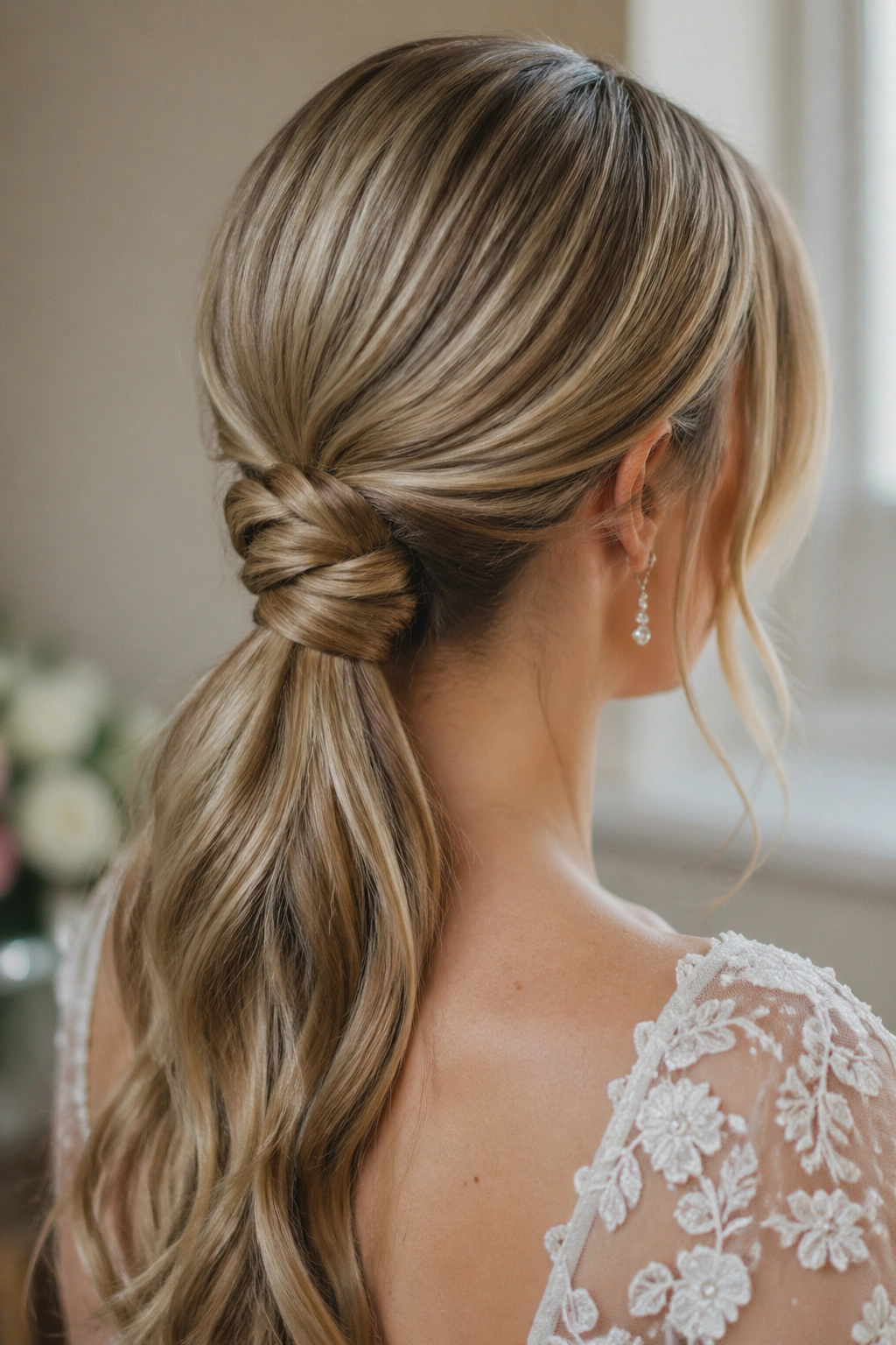Portrait of a bride with a low knotted ponytail at the nape