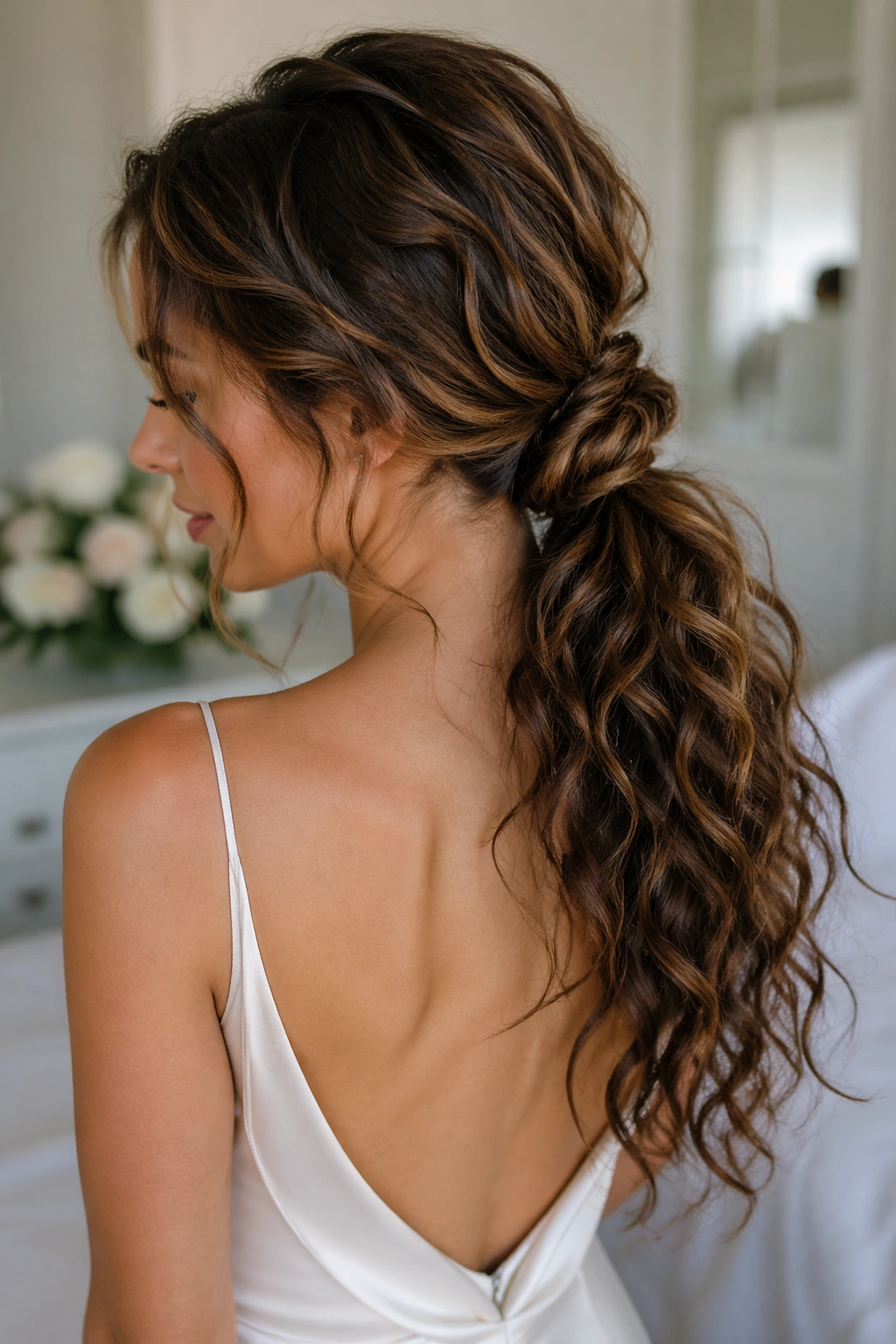 Real bride with low knotted ponytail in bridal prep room.