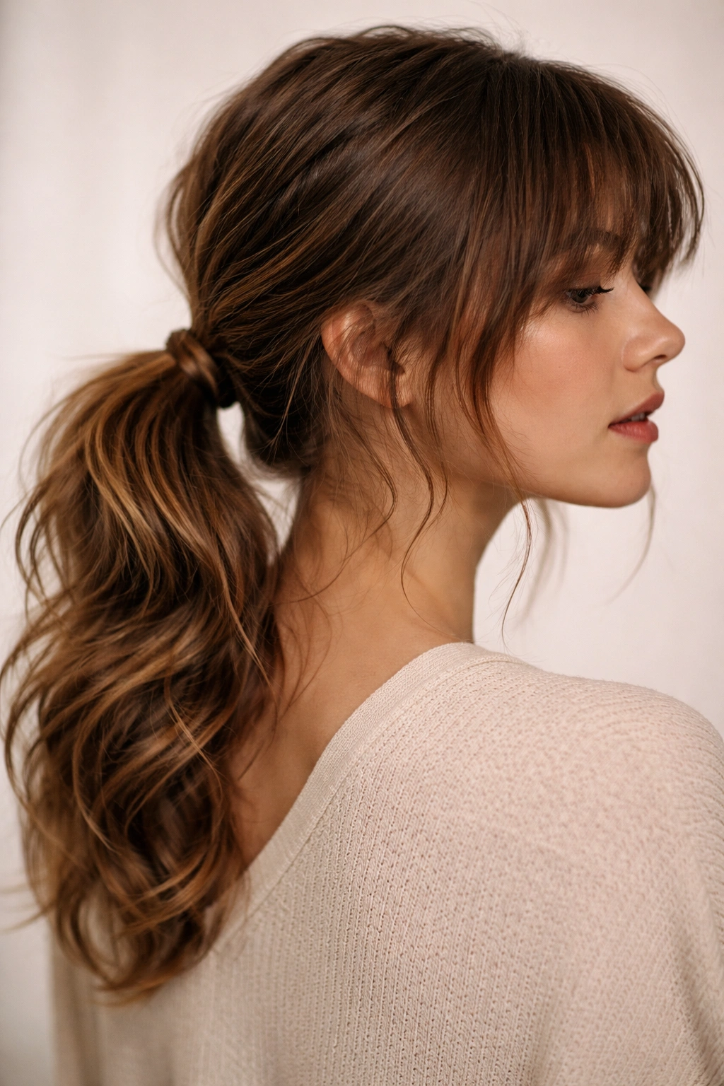 Low knotted ponytail with shag bangs on a neutral backdrop