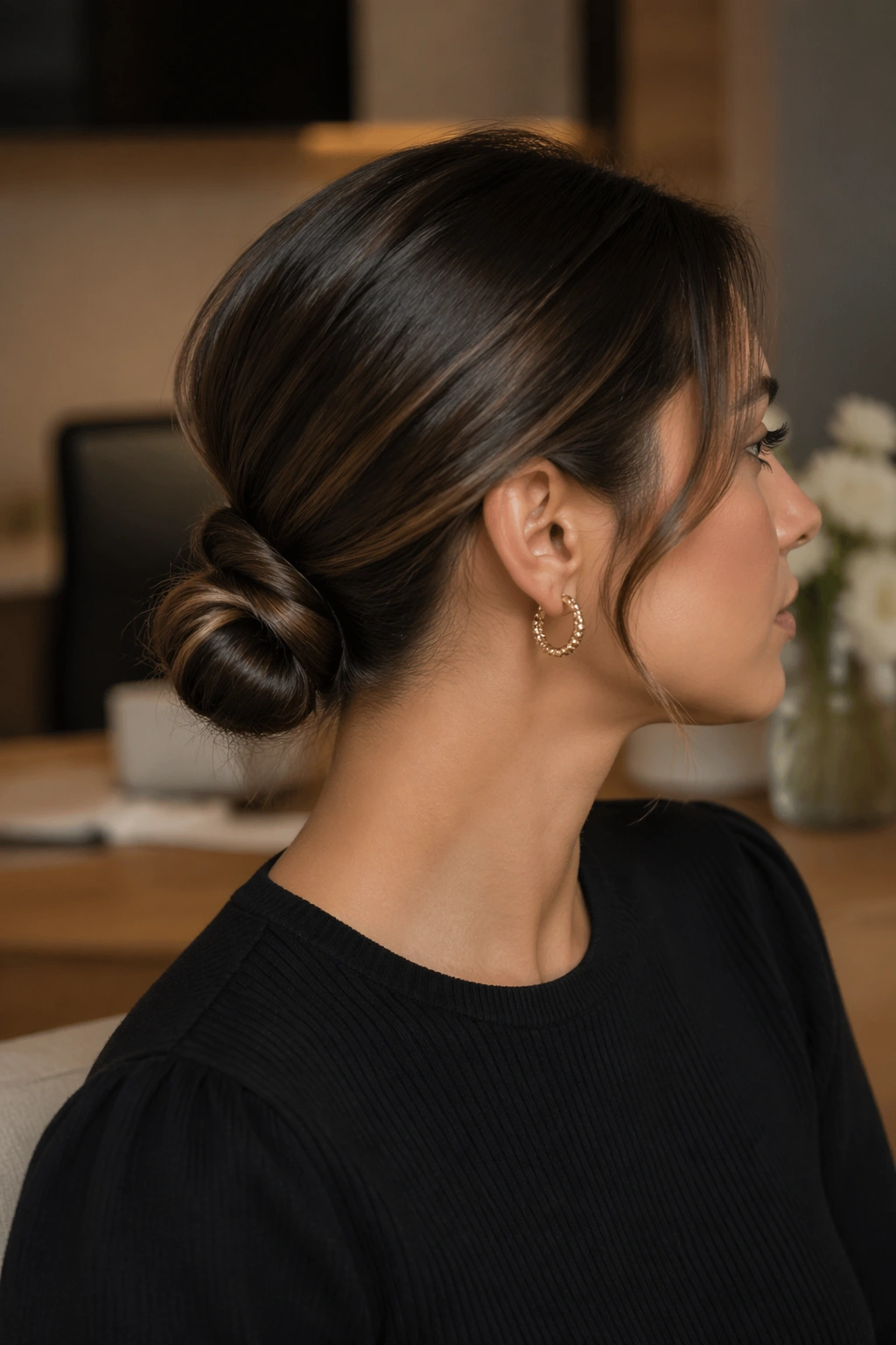 Close-up of a real woman with an elegant low loop ponytail