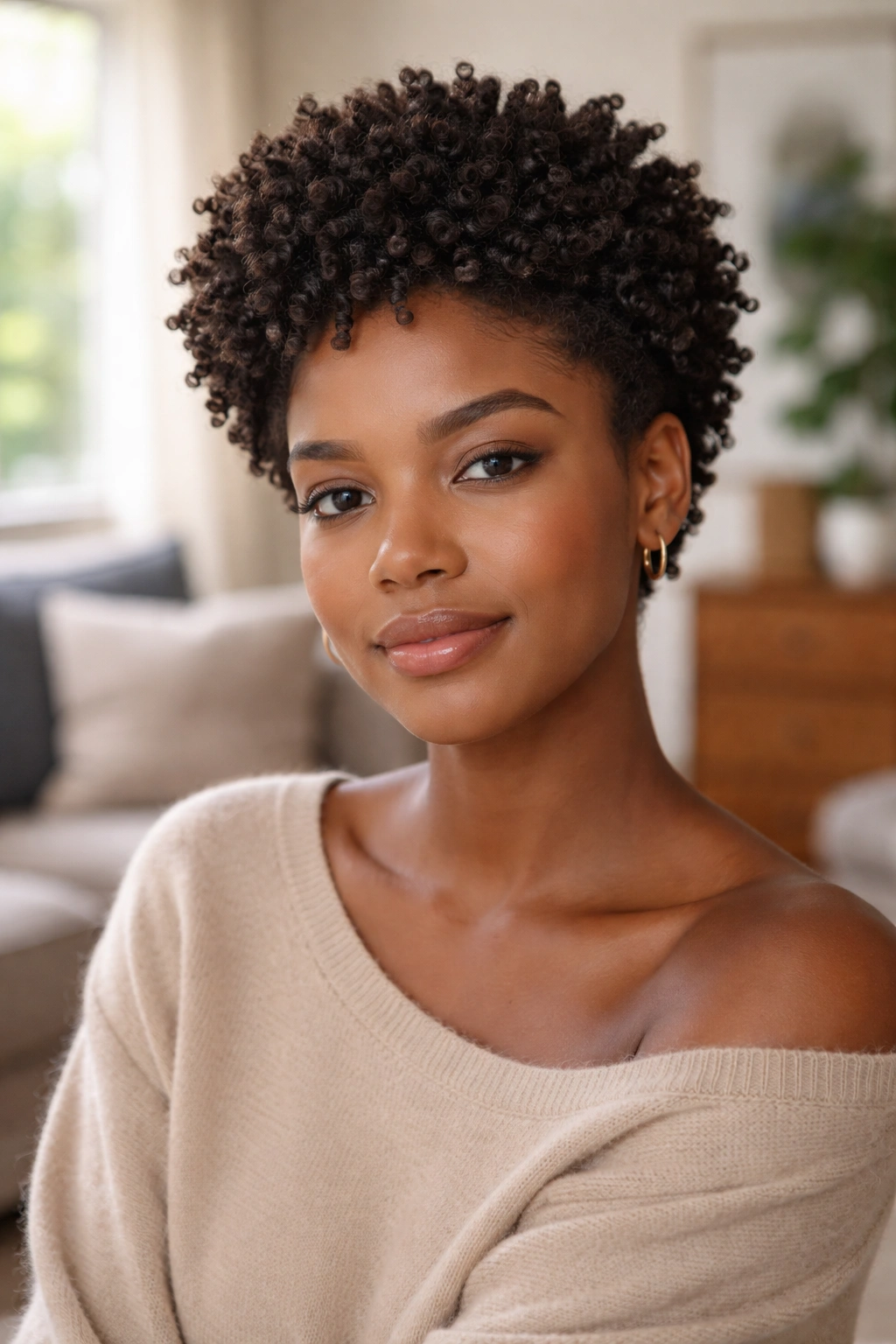 Portrait of sponge curls with low manipulation and relaxed look on a real person.