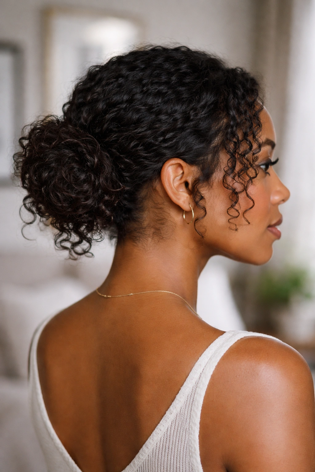 Real person with low messy bun at nape and surrounding curls.