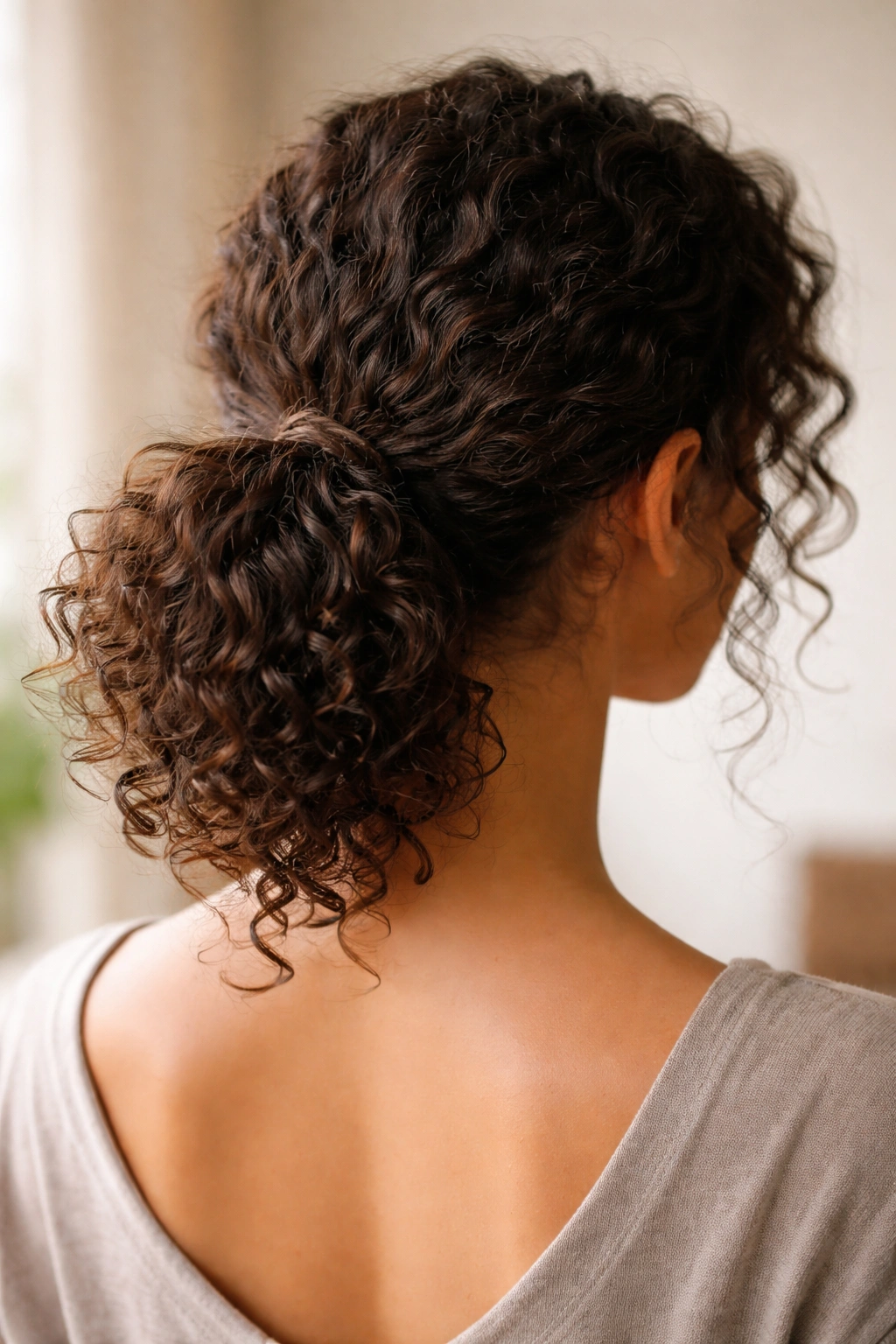Low ponytail with halfway-through loop forming a loose bun at the nape