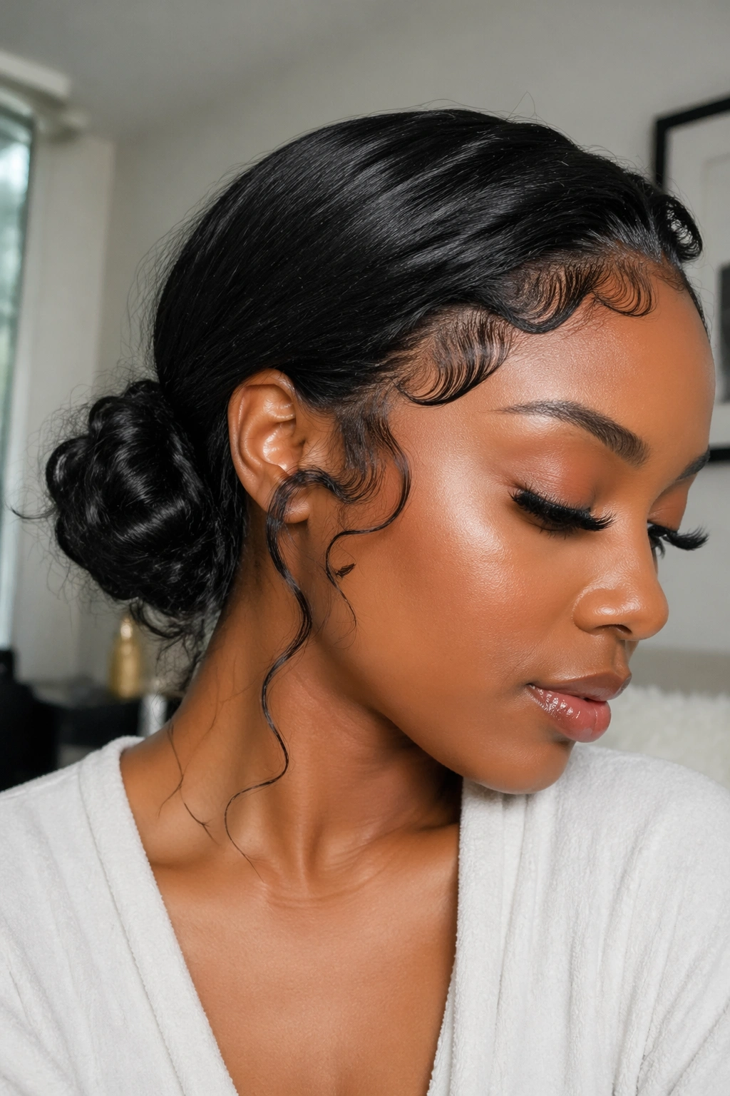 Close-up of a real Black woman with a low messy bun and swooped baby hairs