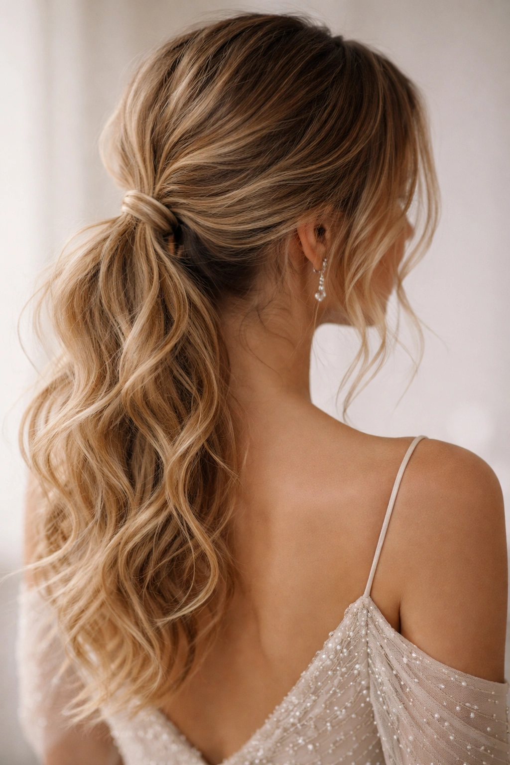 Back view of a low, textured ponytail with loose waves.