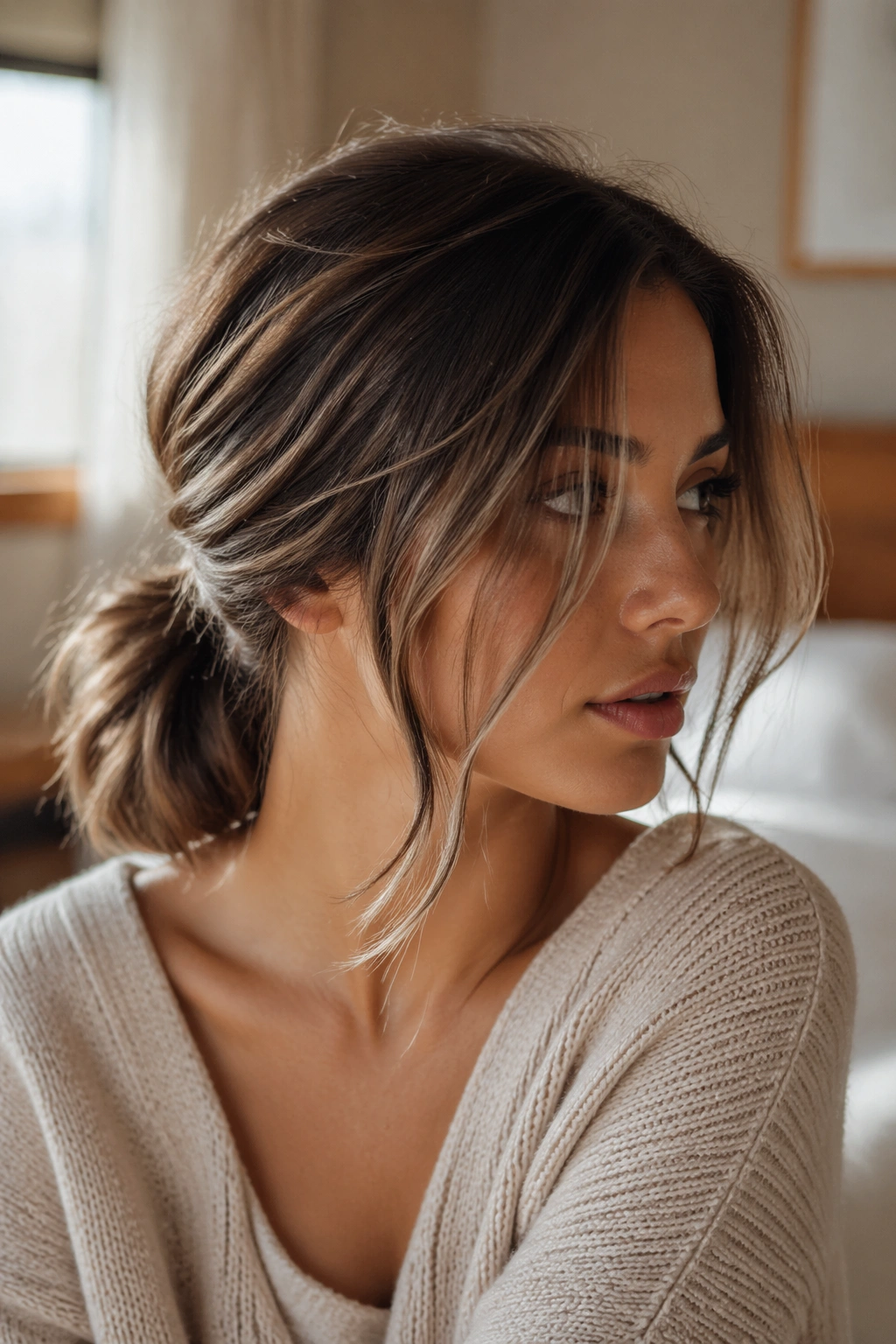 Close-up of a real woman with a low messy ponytail and face-framing pieces at the nape