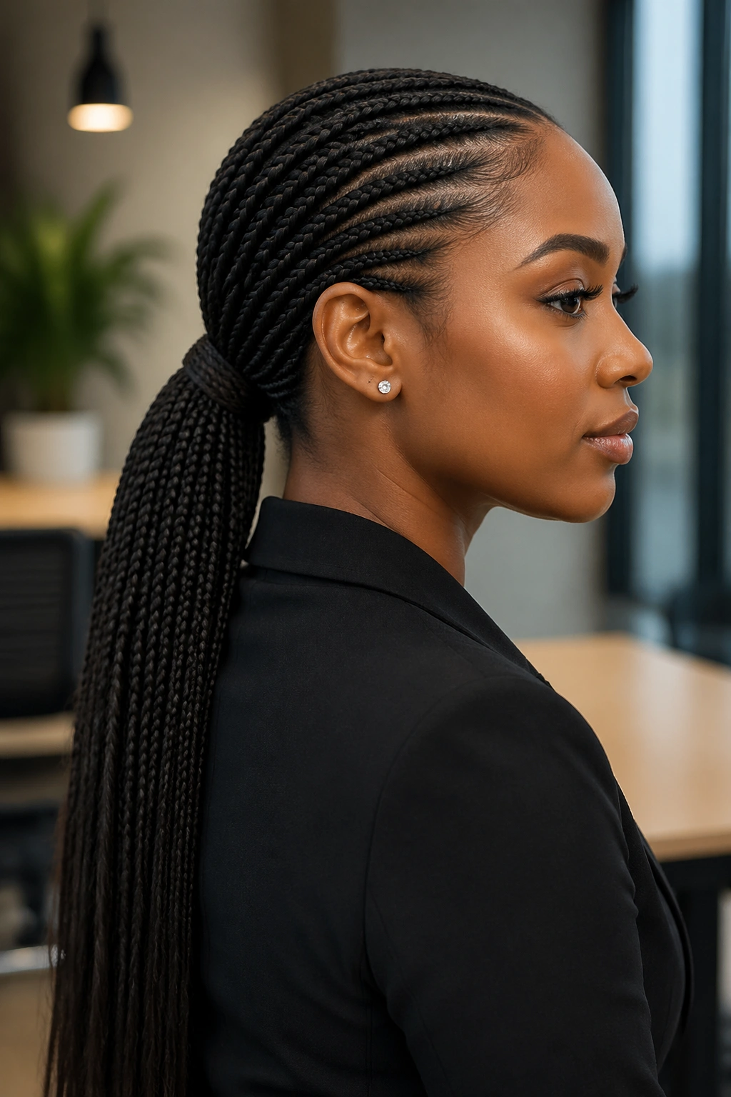 Close-up of a real woman's low-mid braided ponytail with a long tail