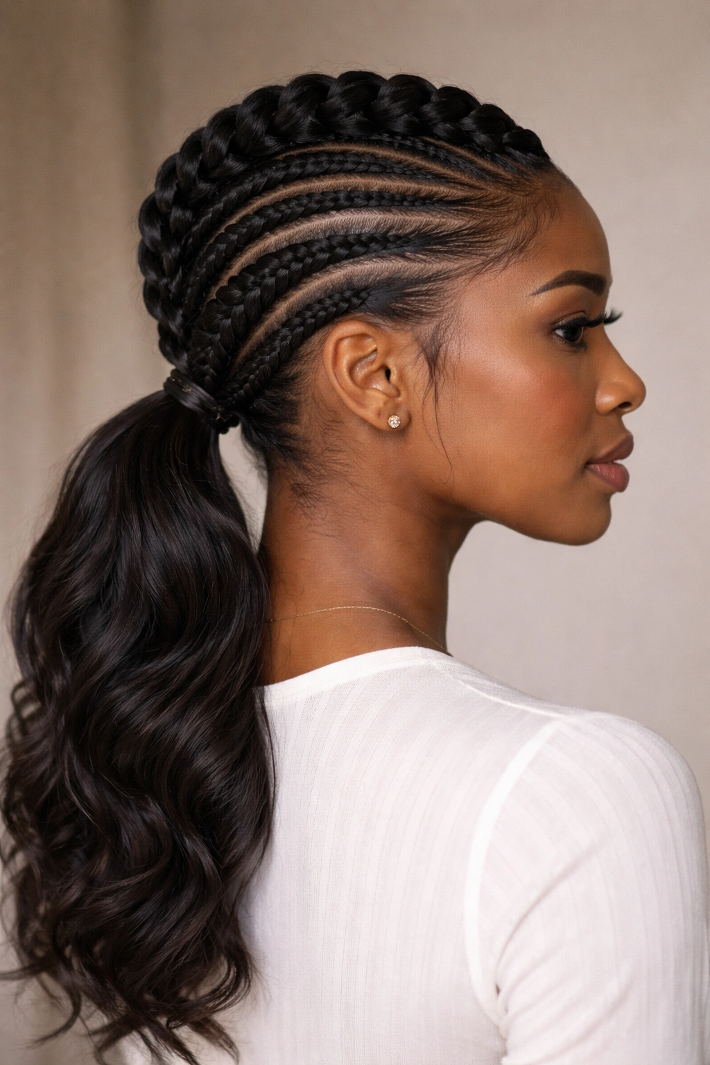 Low mohawk ponytail creating a soft silhouette.