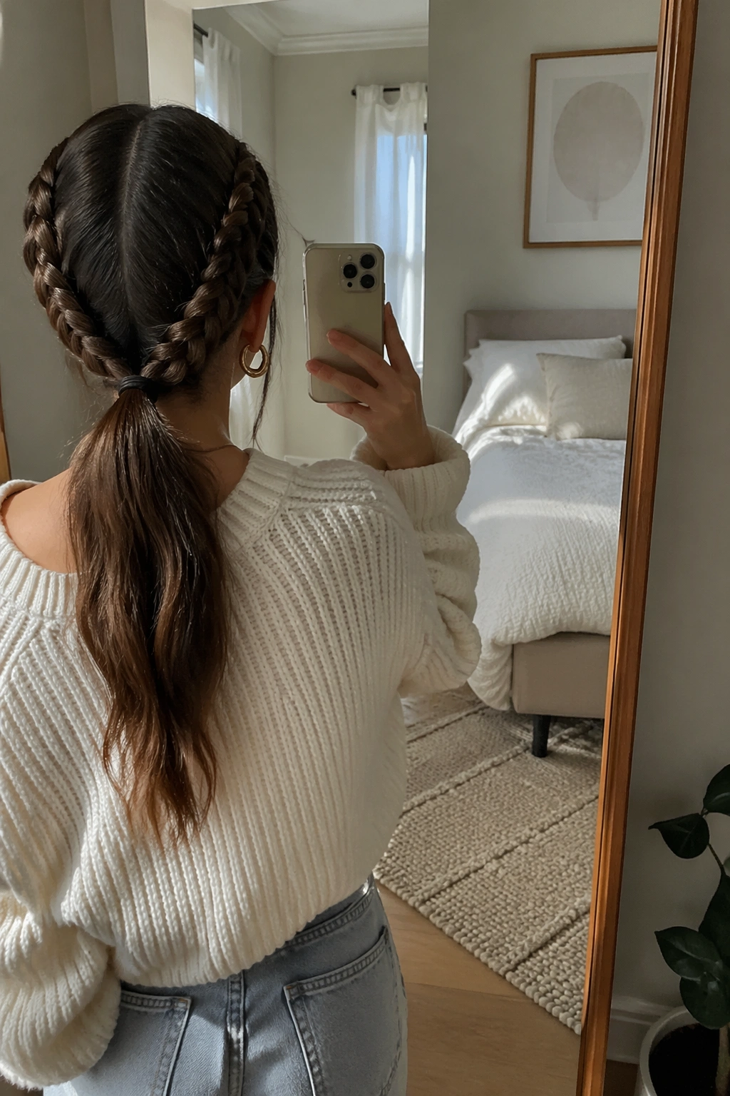 Low nape double braided ponytail seen from over-the-shoulder mirror POV.