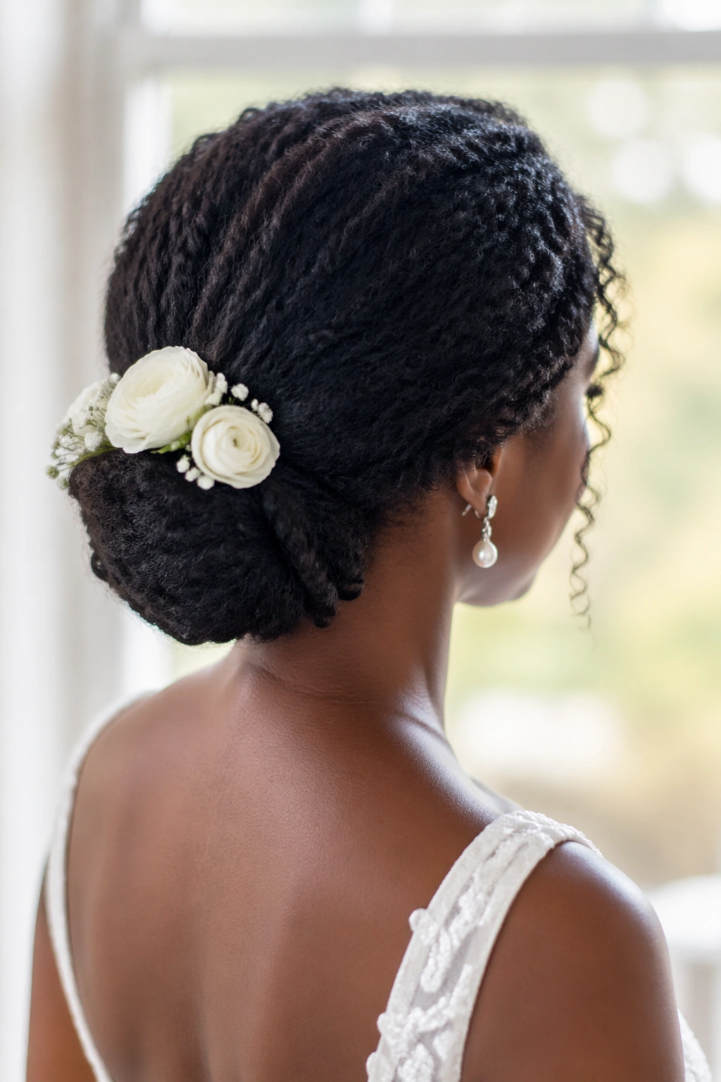 Rear three-quarter portrait of a bride with a low nape twisted bun and flowers