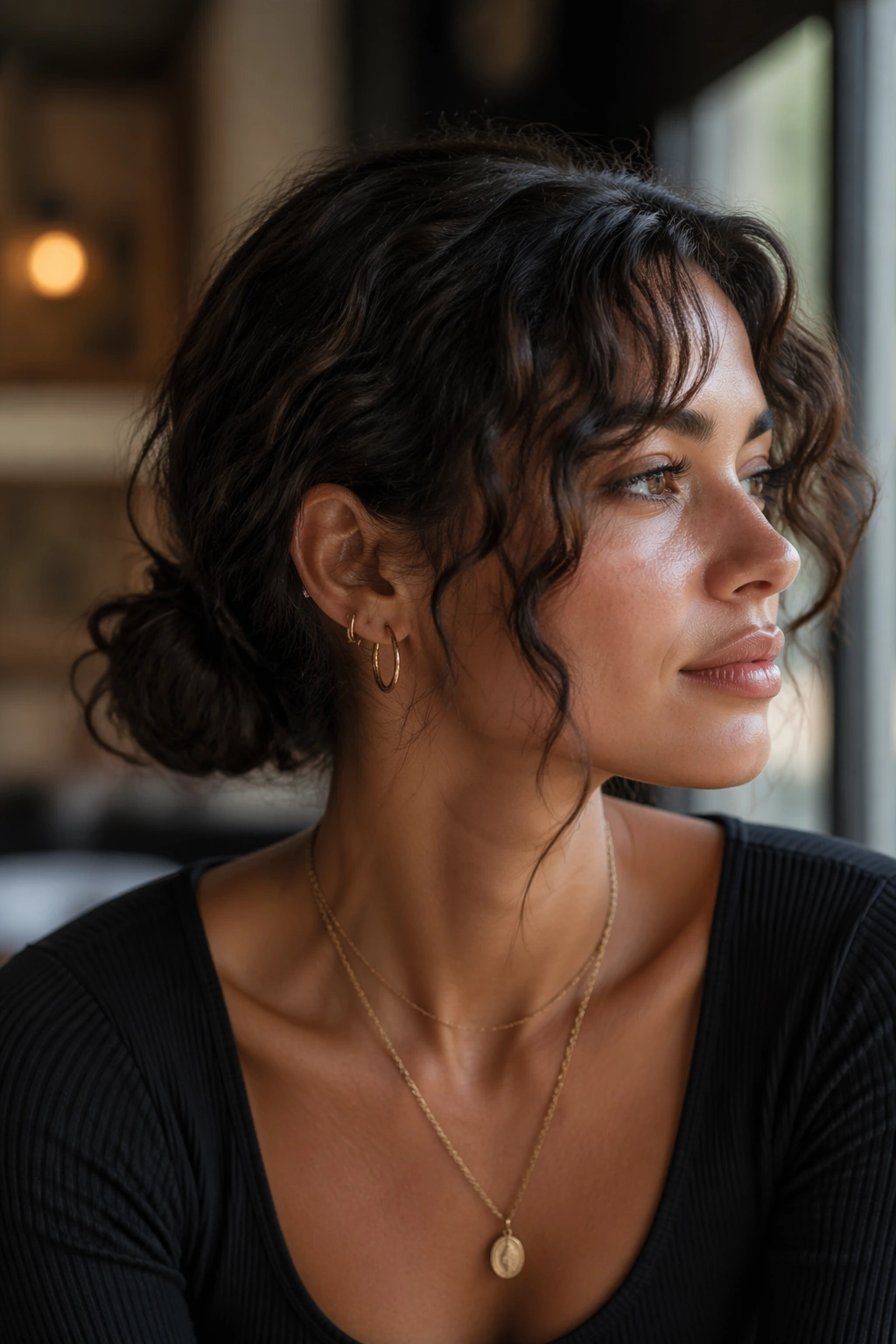 Portrait of a real woman with a low nape bun and curtain bangs in natural cafe light