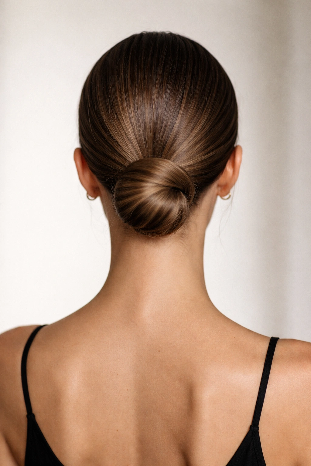 Back view of a low-nape minimalist knot bun at base of skull with a crisp part