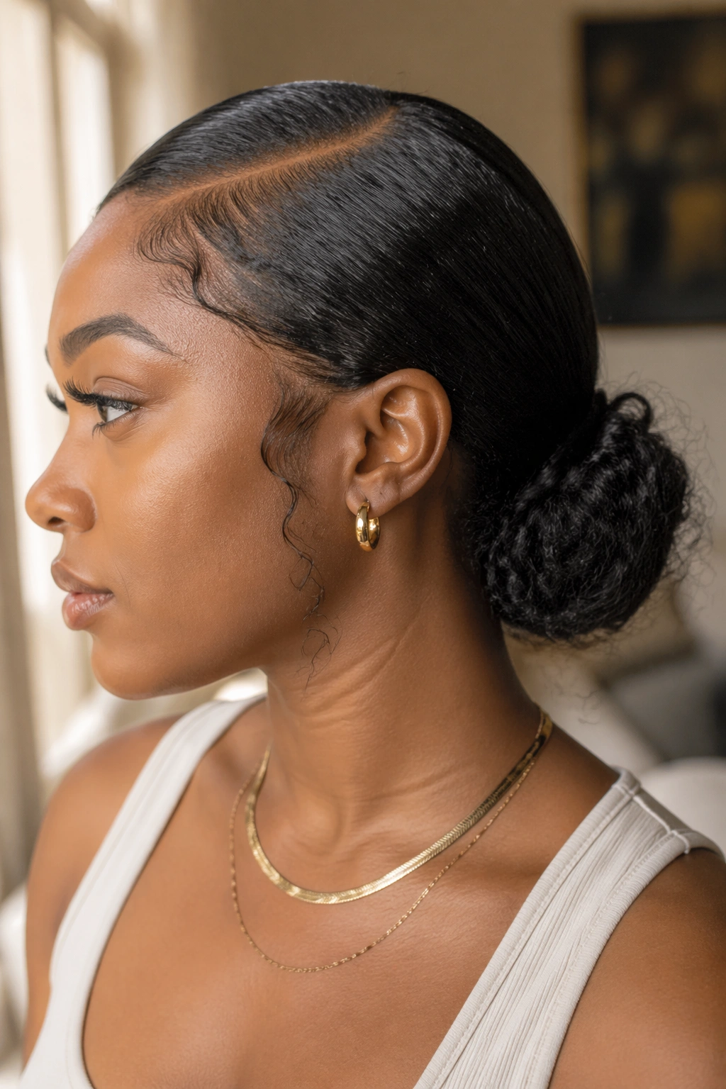 Close-up of a real woman with a low nape bun and side part, soft wisps at the temples.