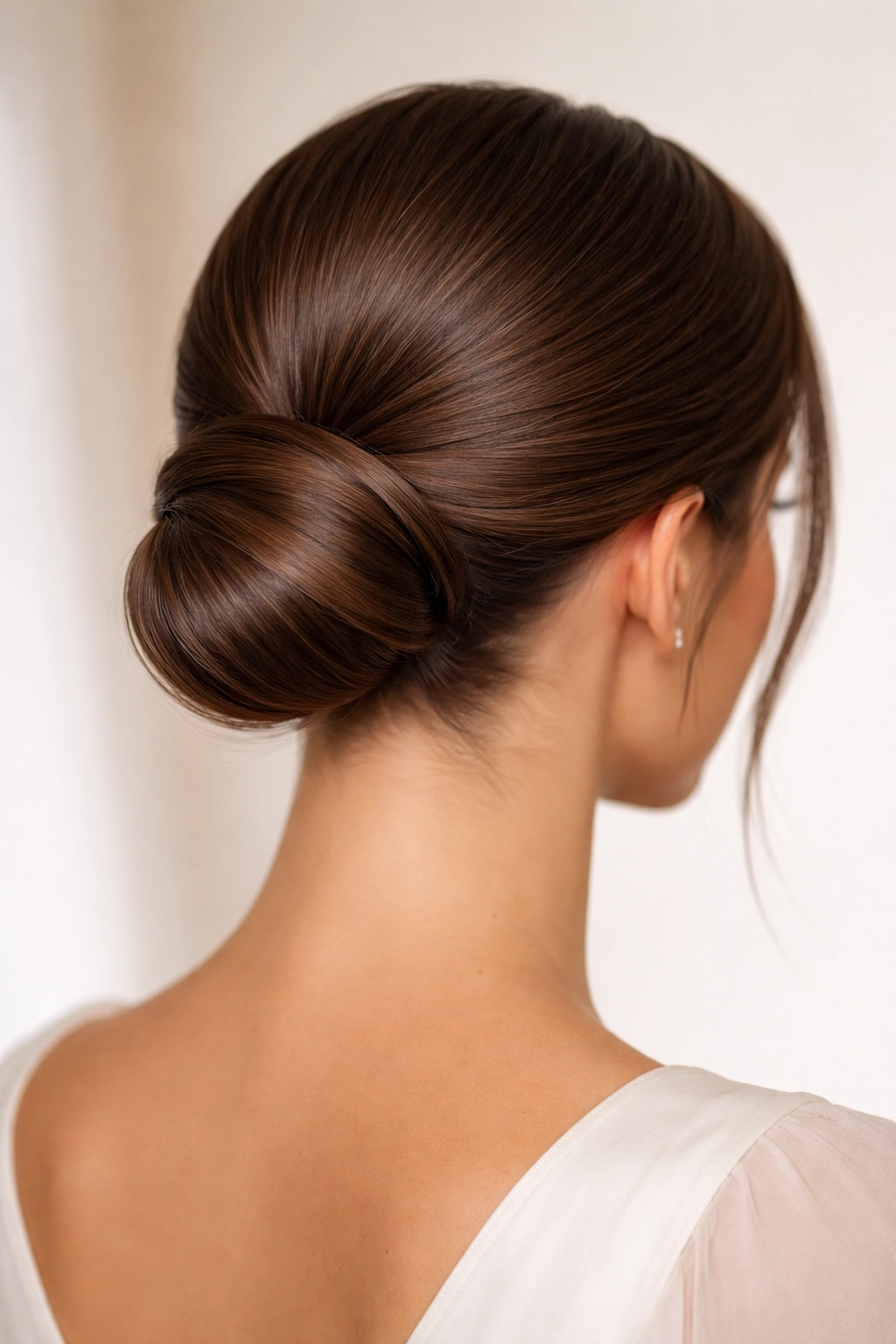The Sleek Low-Nape Bun: polished low bun with crown bump at the nape