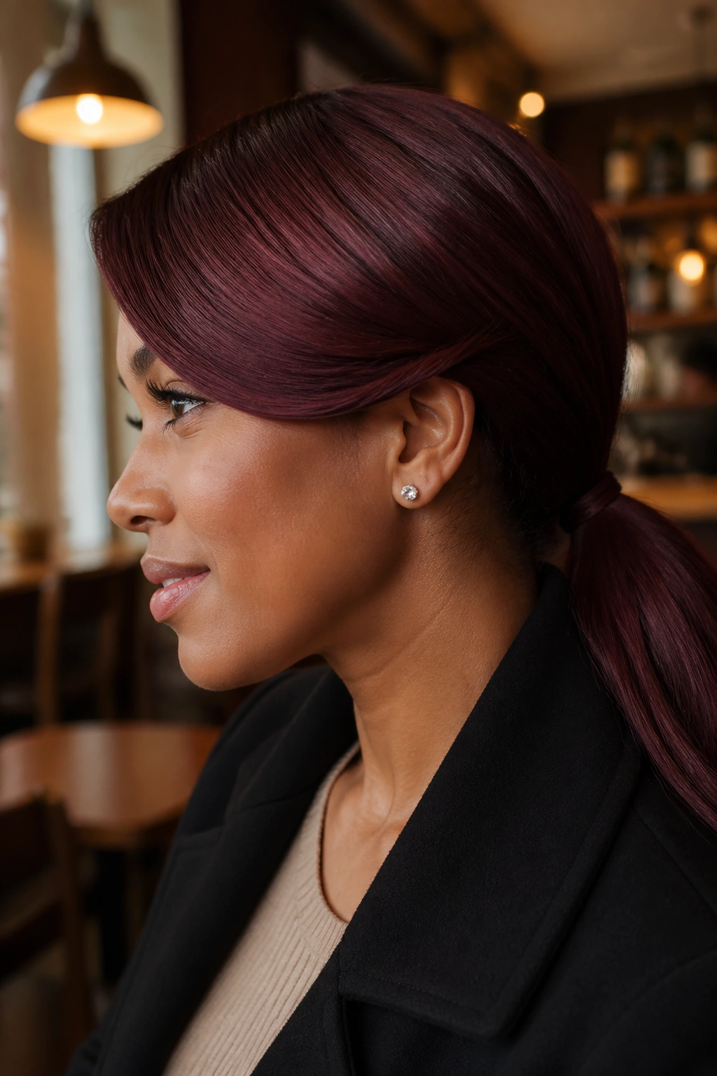 Portrait of a real woman with a low nape burgundy swoop ponytail
