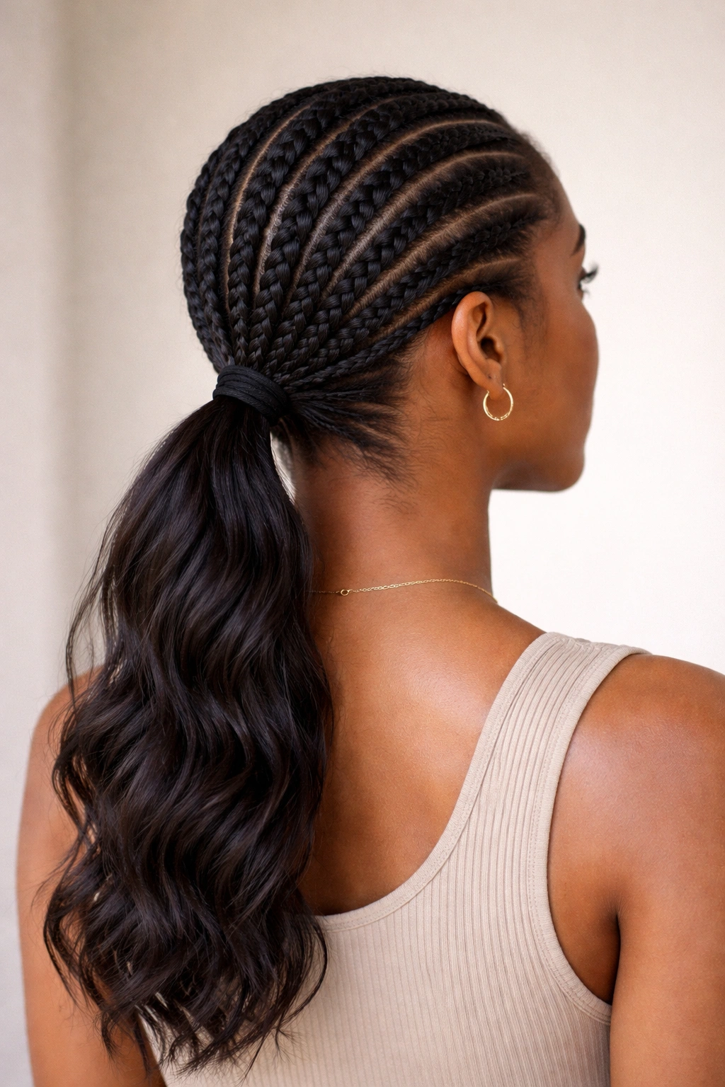 Back view of low nape cornrow ponytail showing neck-hugging base and smooth lines