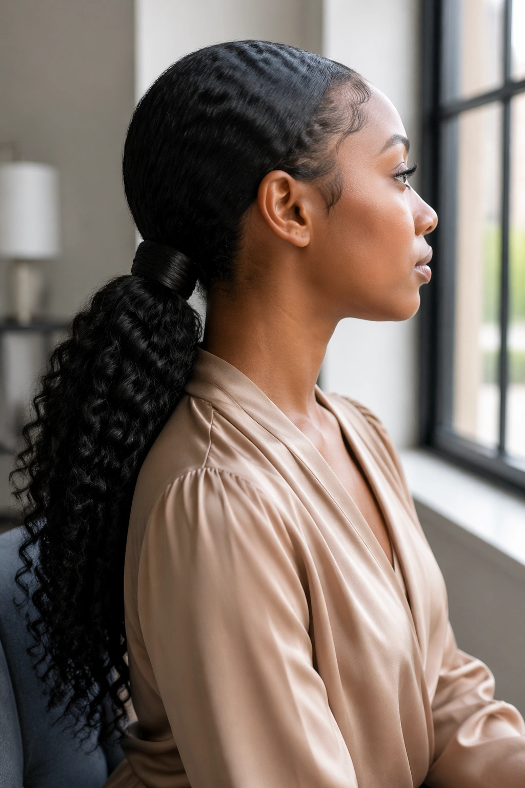Side-profile of low nape curly ponytail with soft wrap