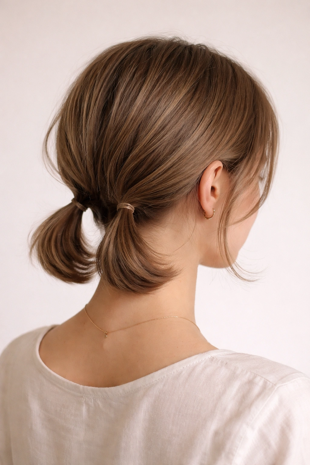 Low nape pigtails with soft ends at the nape
