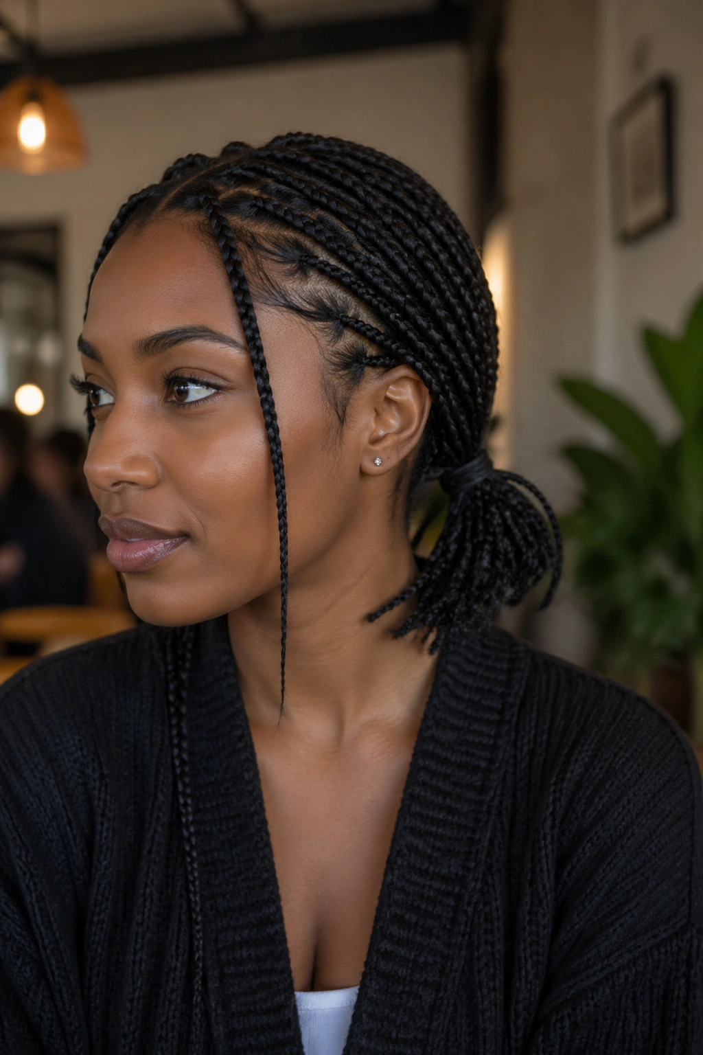 Close-up portrait of a real person with low-nape twin braids