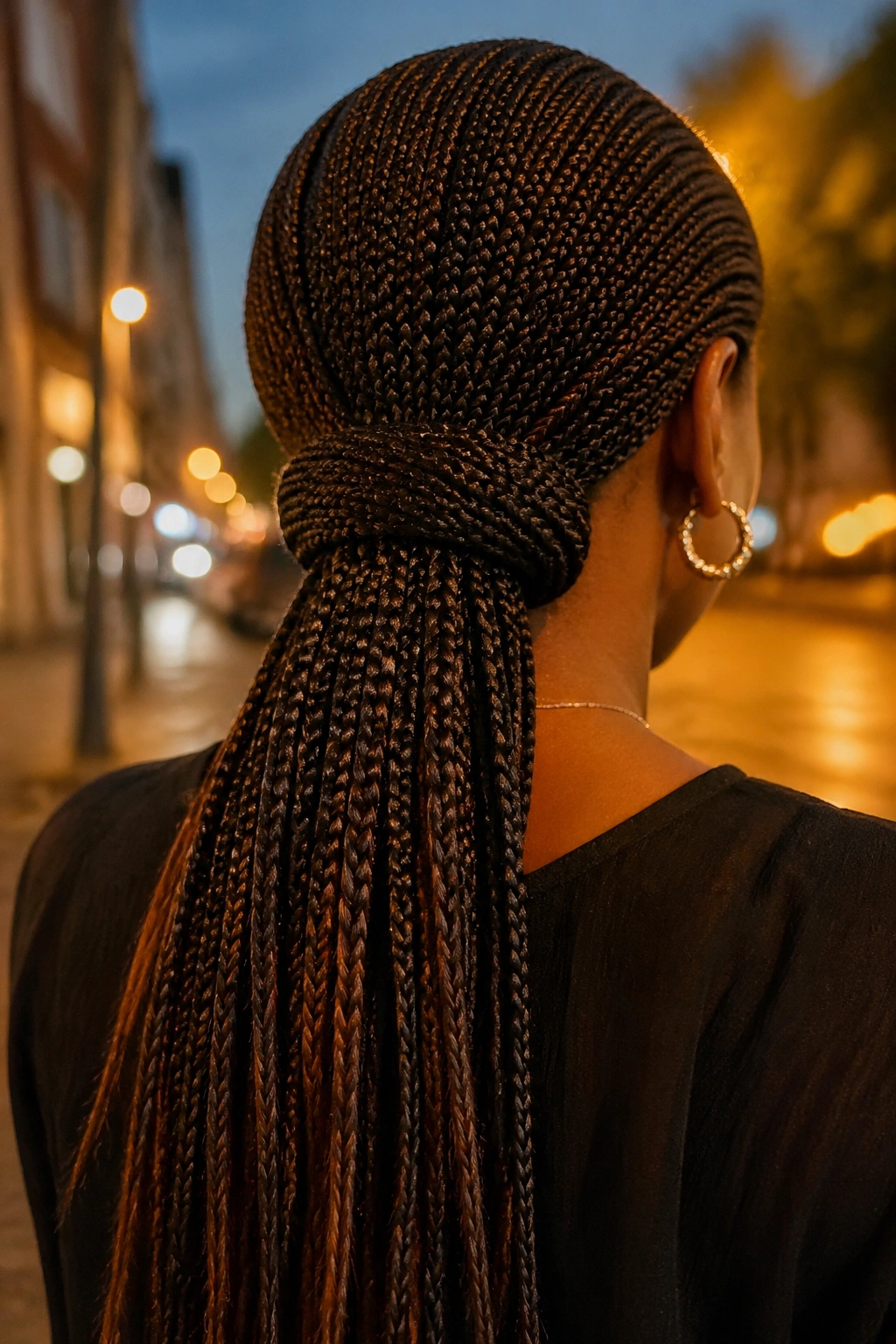 Back view of a real person with low nape pondo cascading from the nape.
