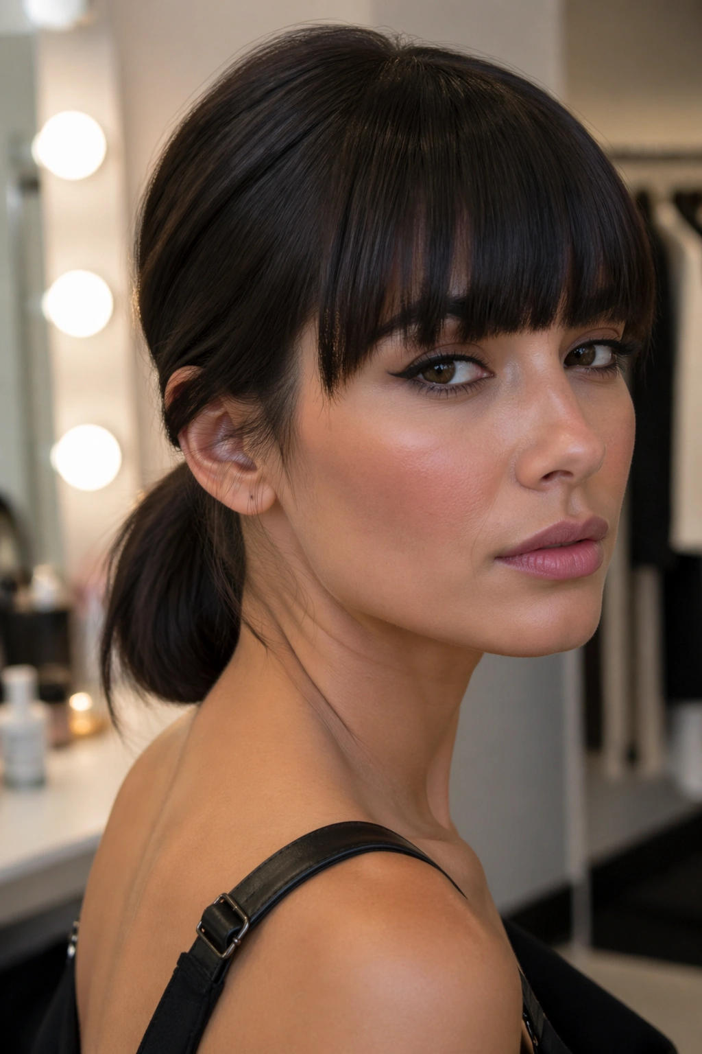 Close-up of a real woman with a low nape ponytail and blunt bangs