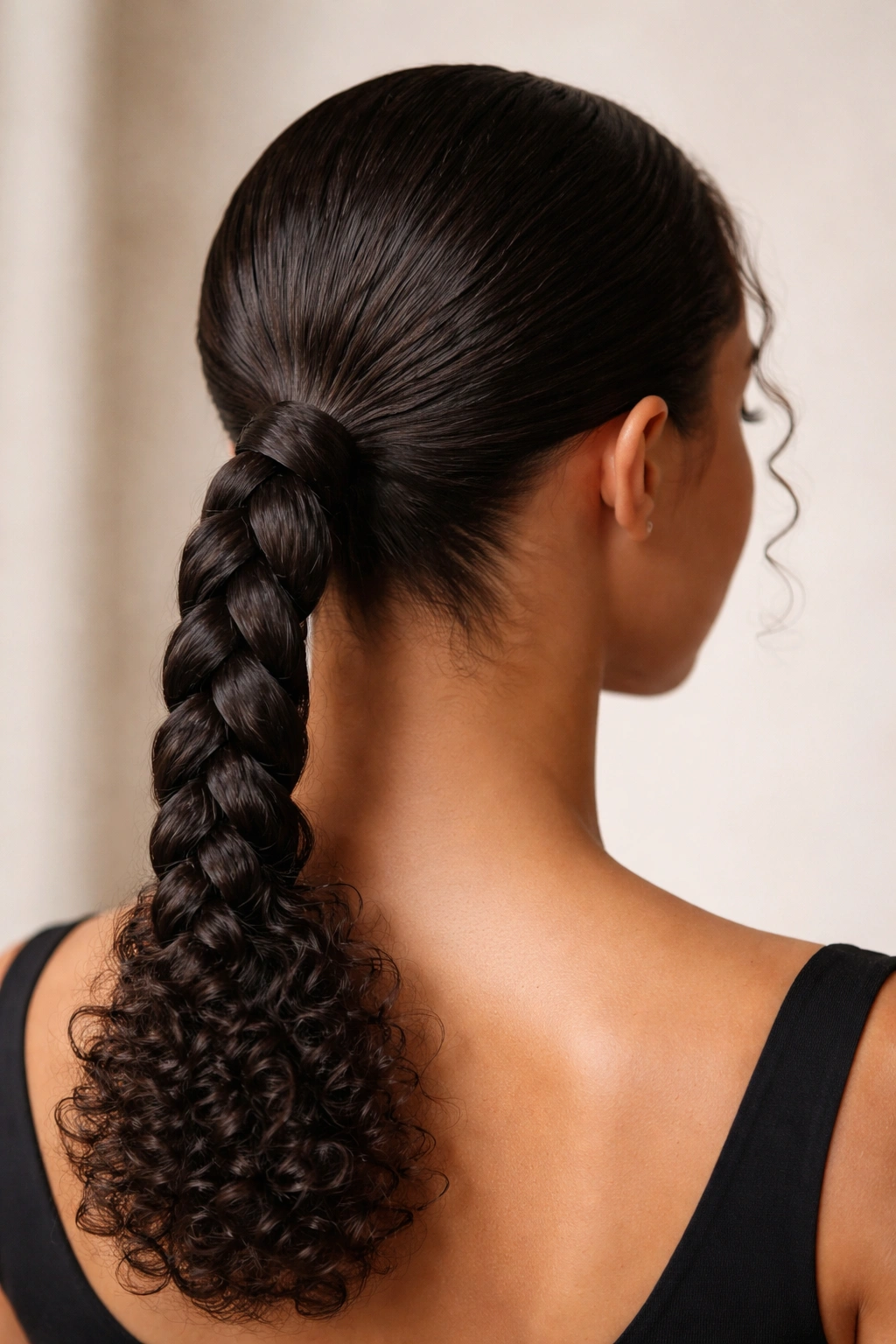 Back view of a low nape braided ponytail with neat base