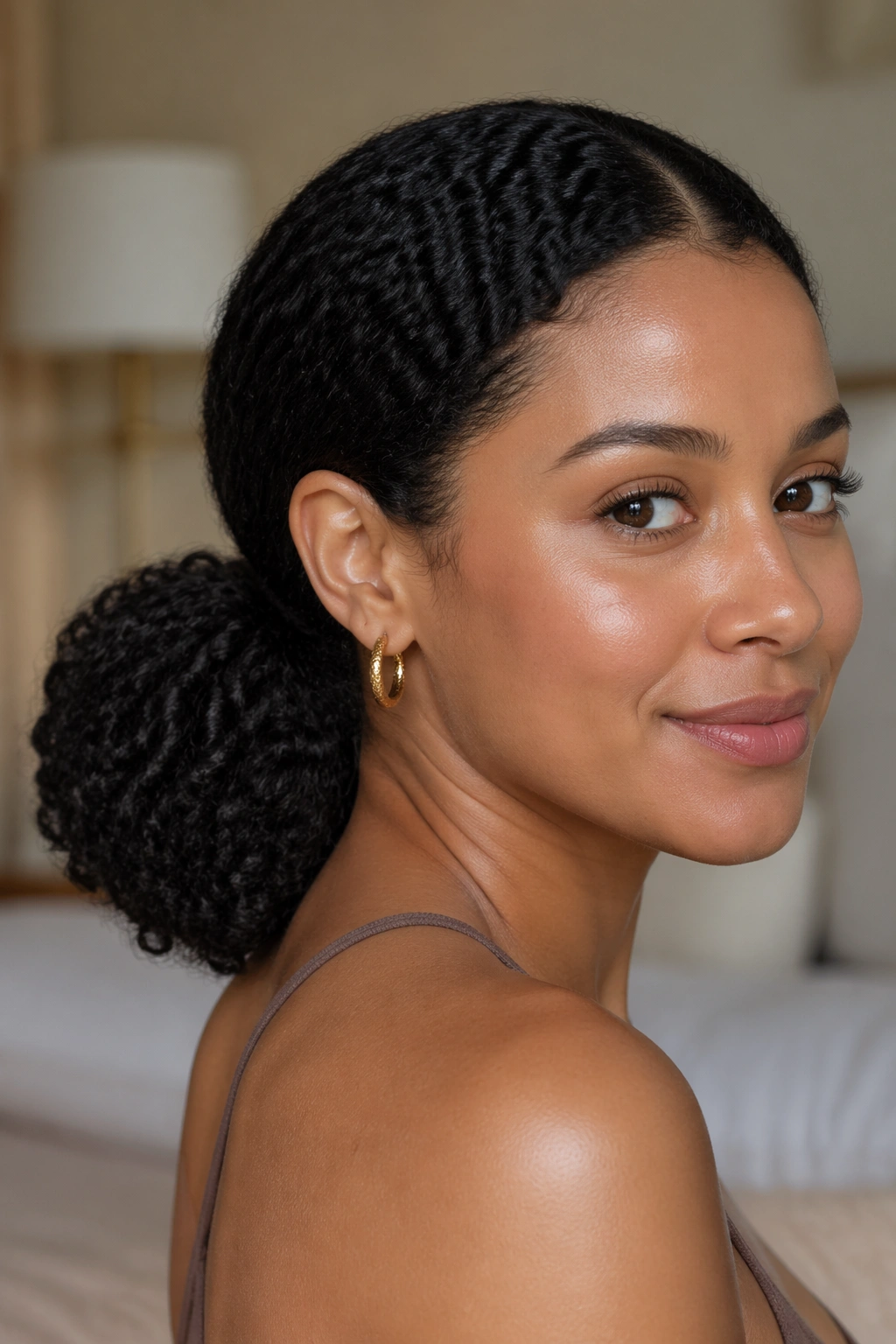 Close-up of a real woman with a low nape ponytail and a clean part