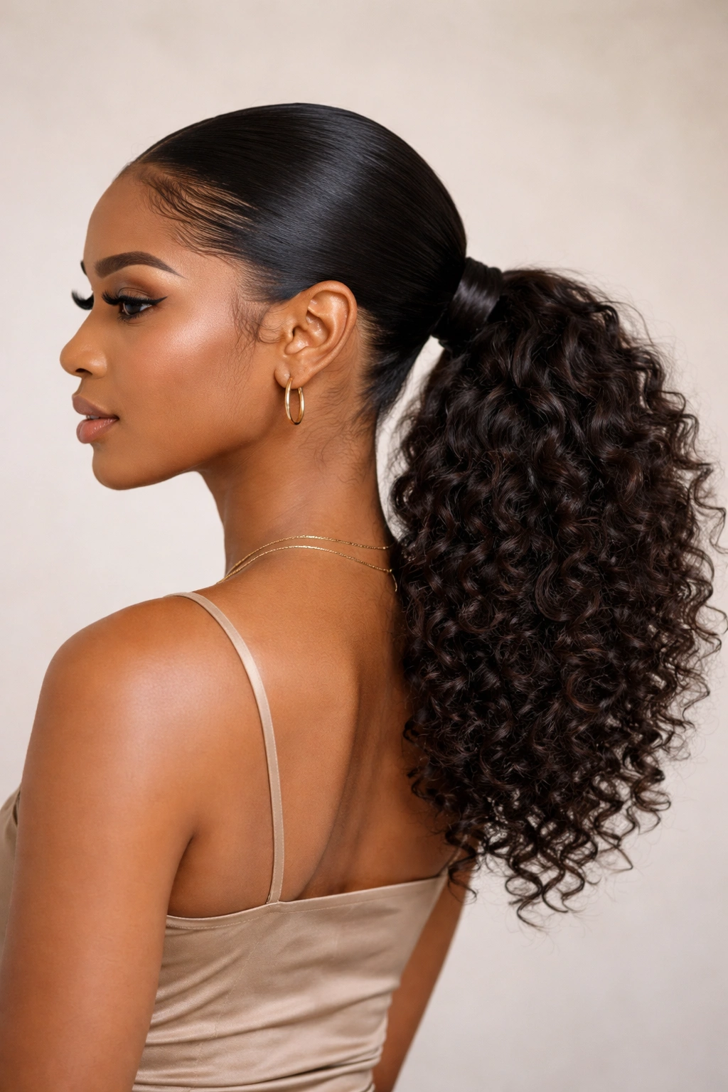 Low nape ponytail with smooth crown and textured curls at the tail.