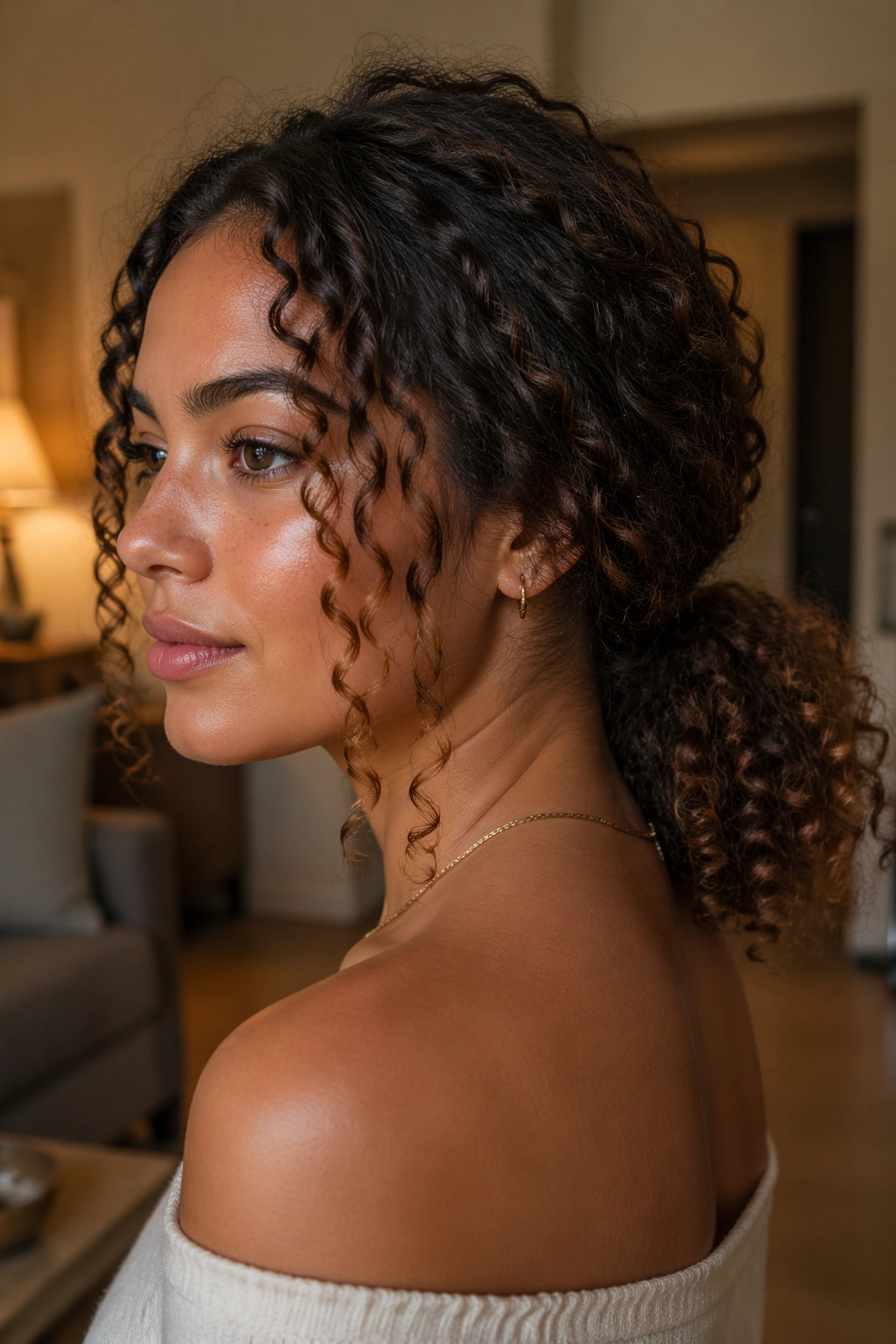 Close-up of a real woman wearing a low nape ponytail with face-framing curls