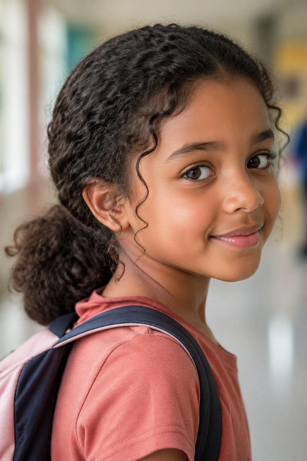 Close-up of a child with a low nape ponytail in a school setting