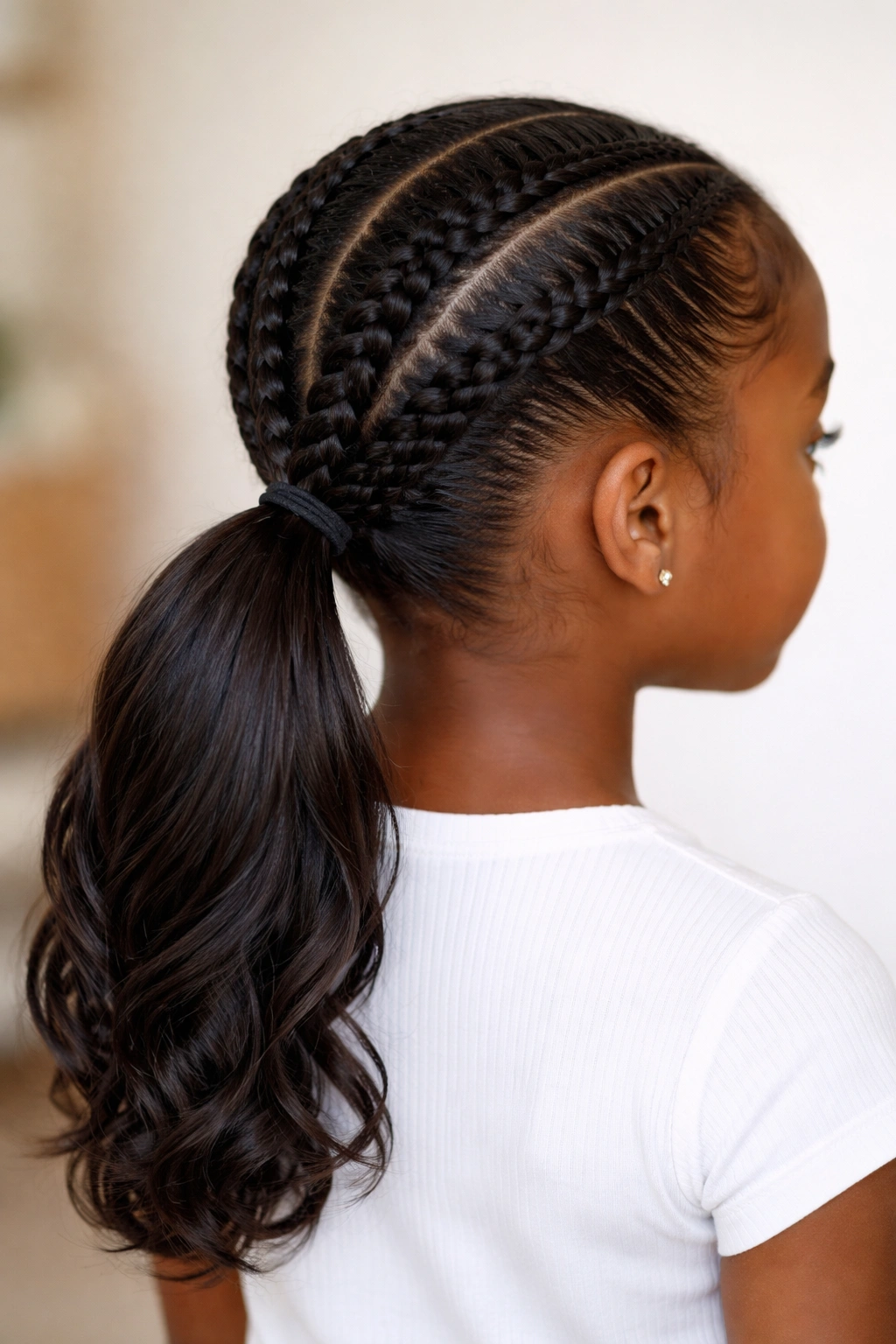 Low nape feed-in ponytail at the nape with soft braid pattern