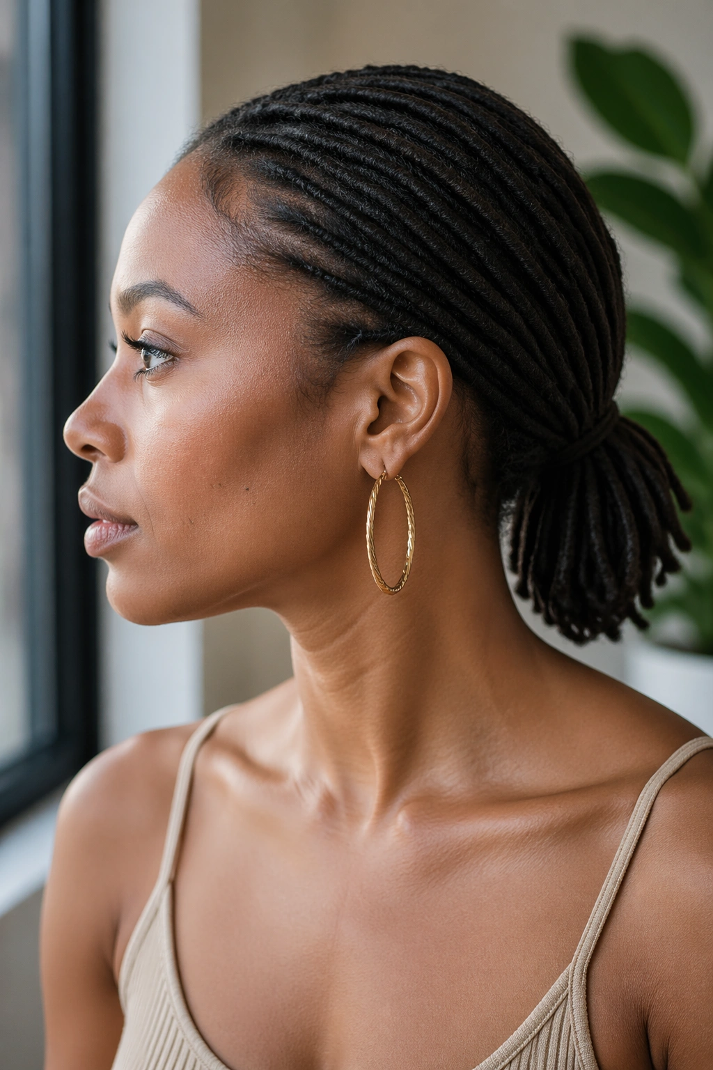 Profile of a woman with a sleek low nape ponytail for locs.