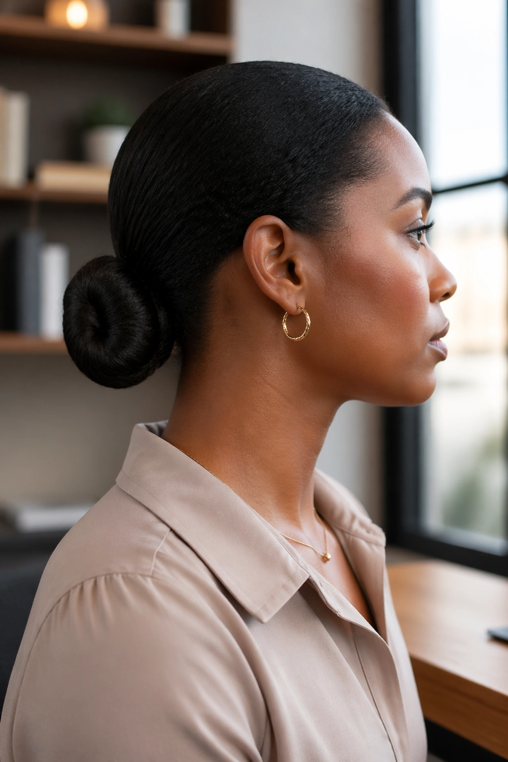 Real woman's low nape ponytail with rolled ends.